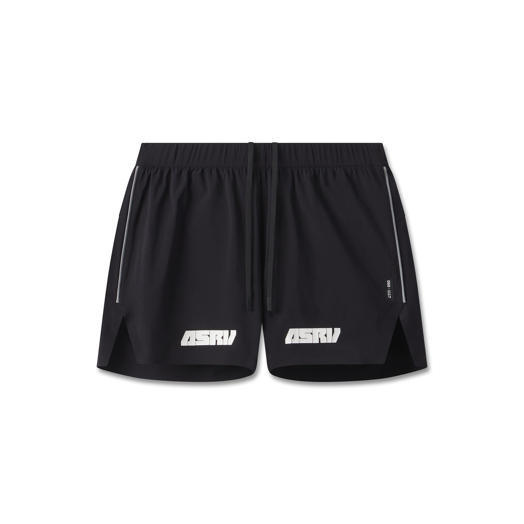 flatlay of black Aerotex Distance shorts with white ASRV logo, front view
