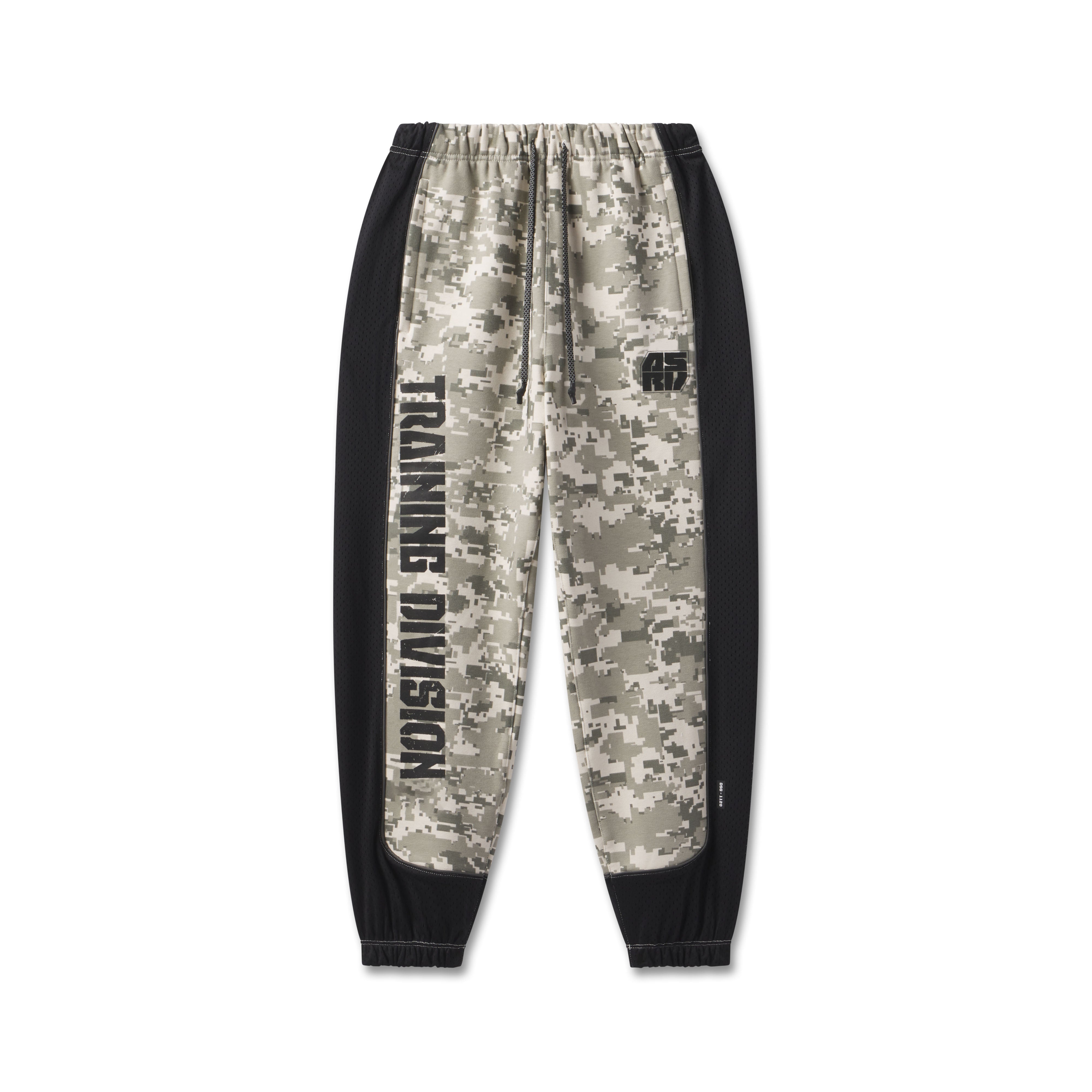 flatlay Tech-Terry Mesh Panel Sweats in digital camo with black panels, front view