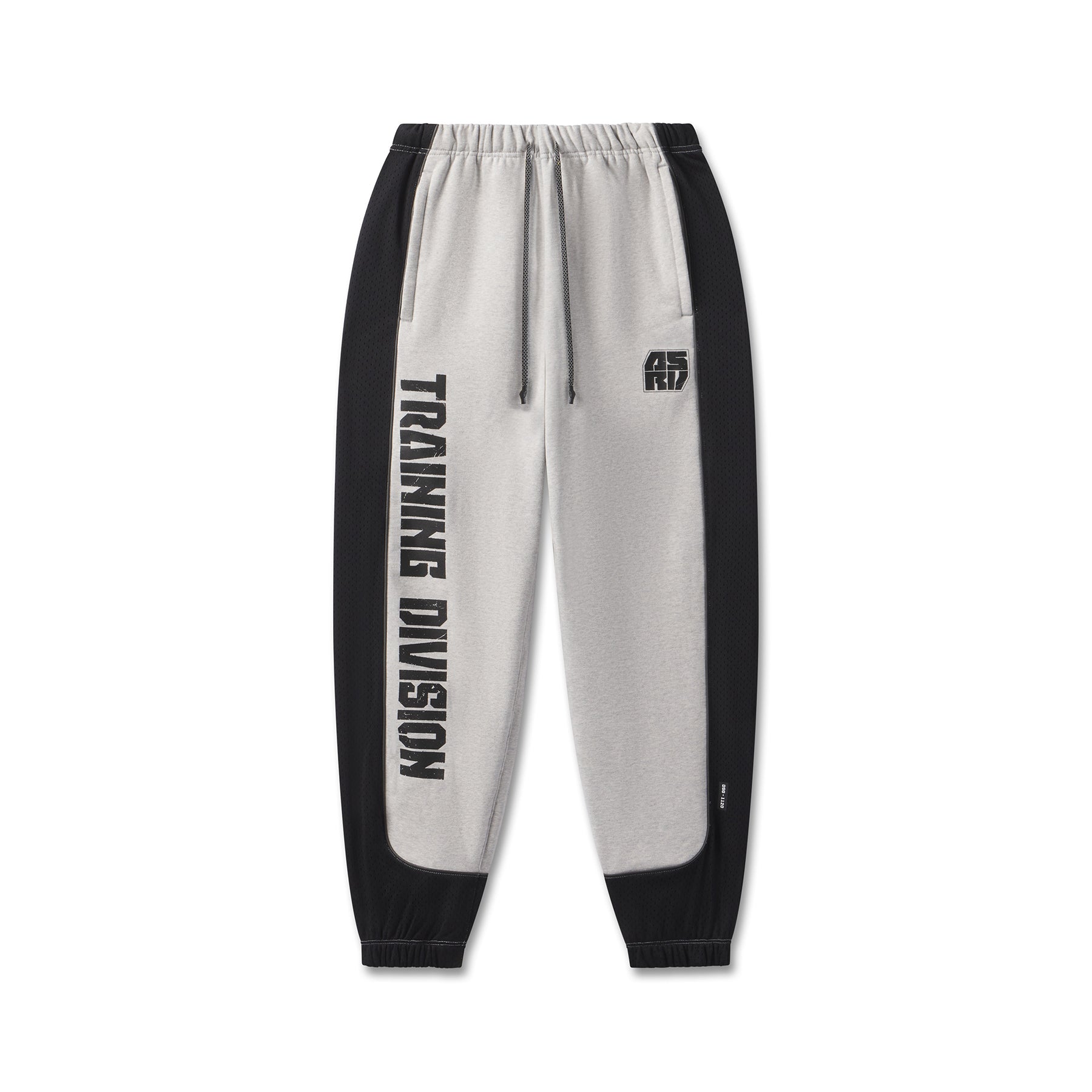 flatlay Tech-Terry Mesh Panel Sweats in heather grey and black, front view