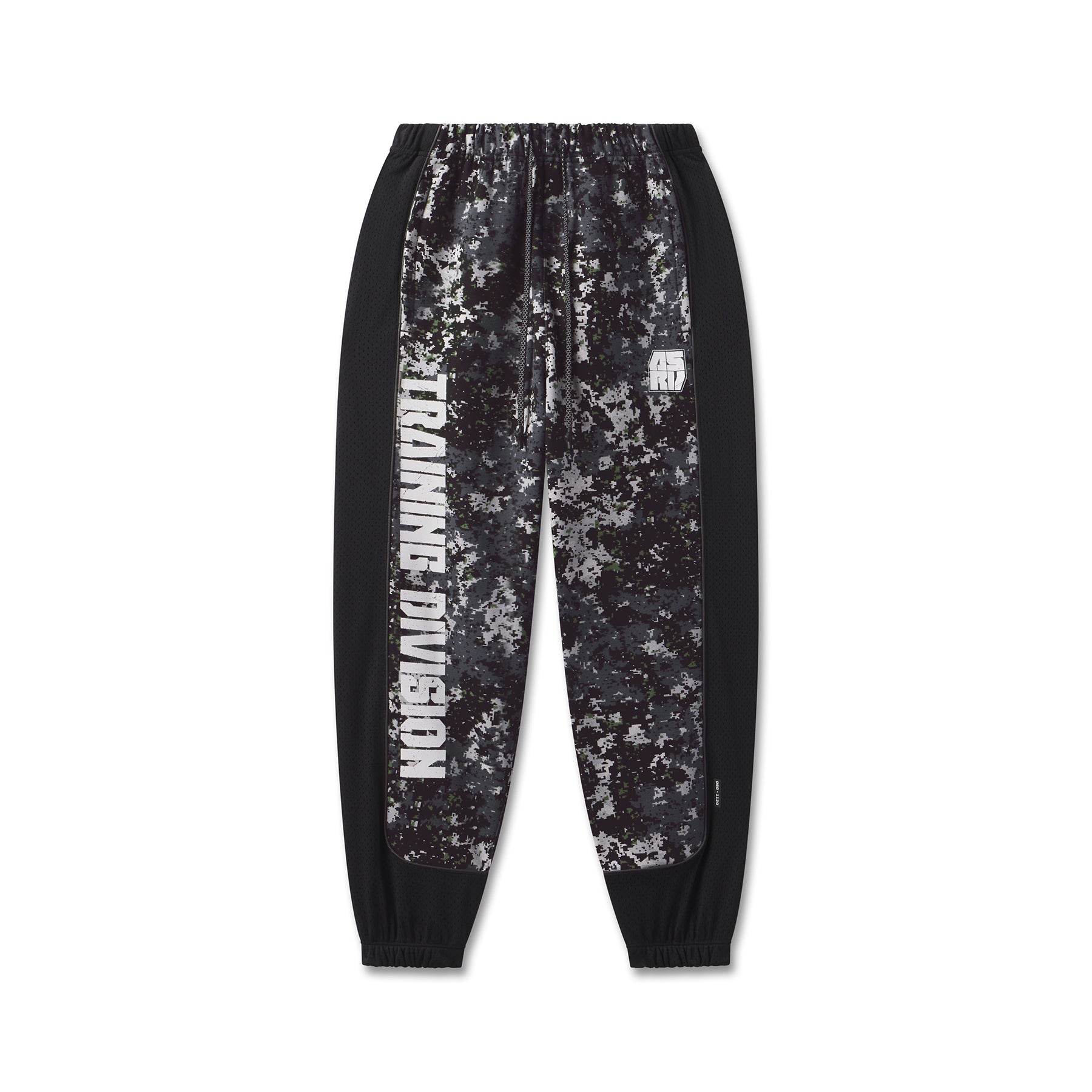 flatlay Tech-Terry Mesh Panel Sweats in black pixel camo, front view