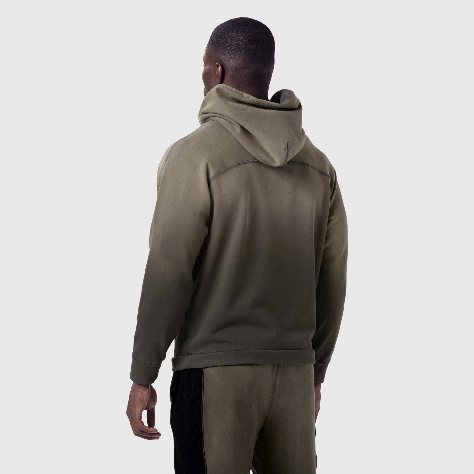 Tech-Terry Training Hoodie in olive sun fade, back view worn by model