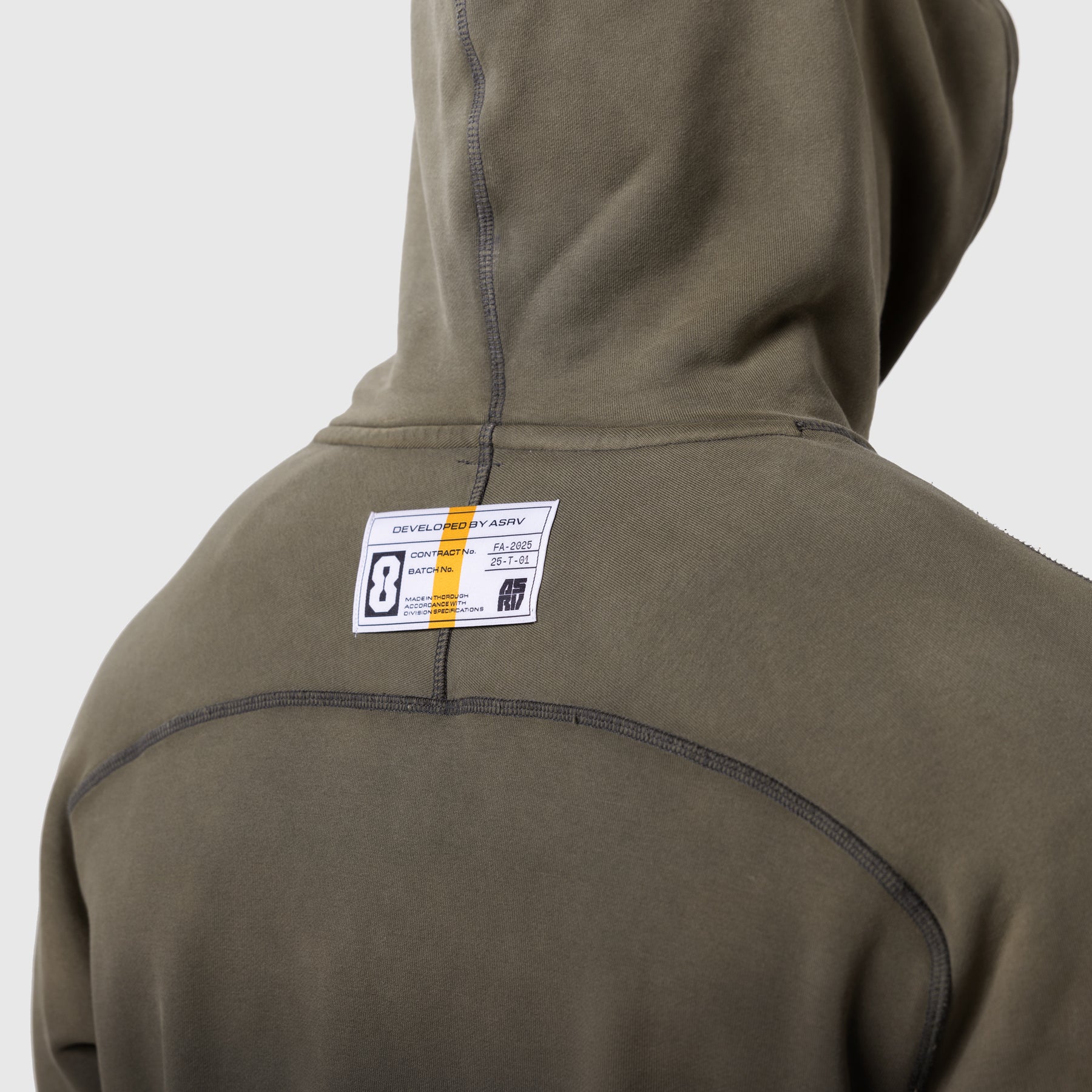 Tech-Terry Training Hoodie in olive, back view with label detail on model