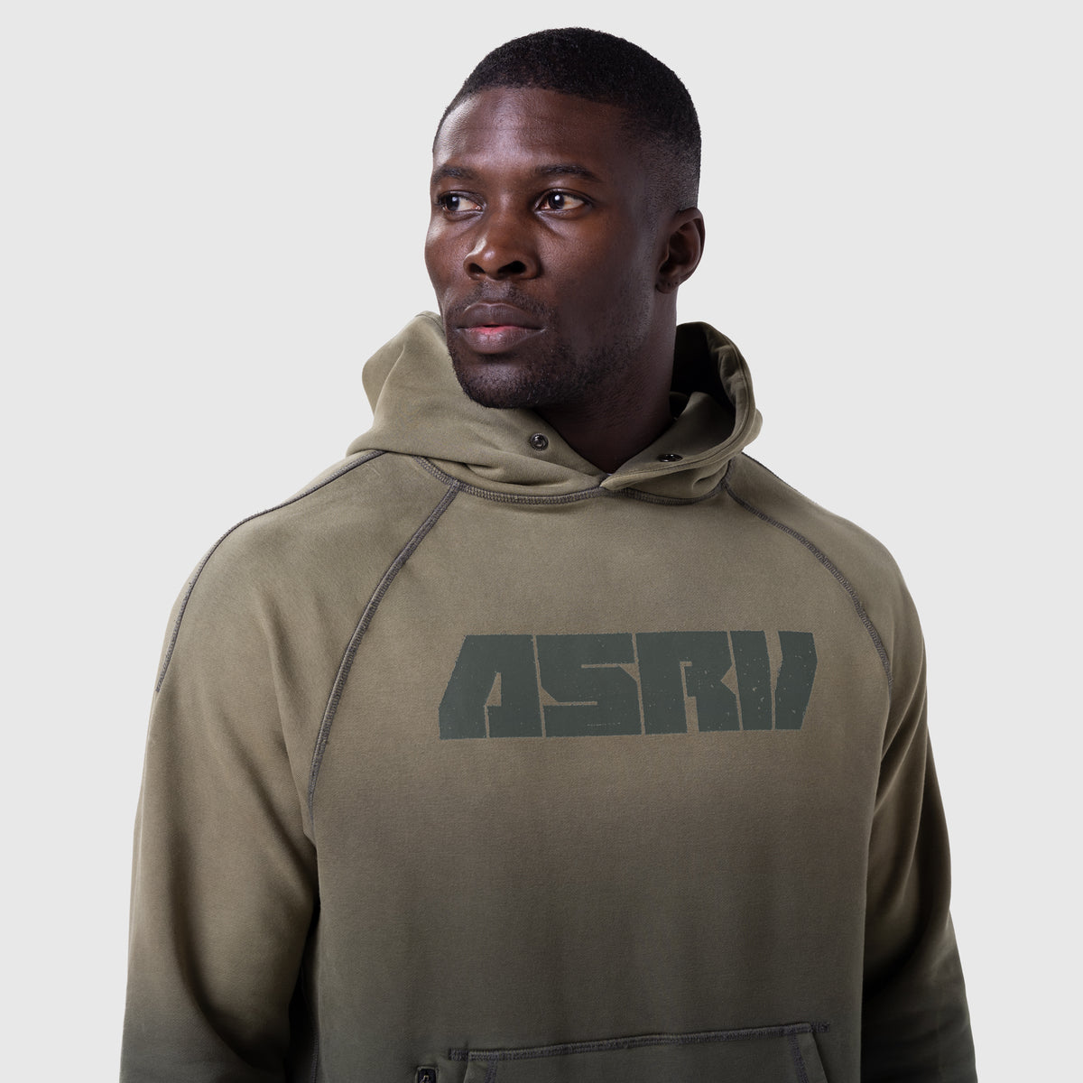 Tech-Terry Training Hoodie in olive, worn by model, front view