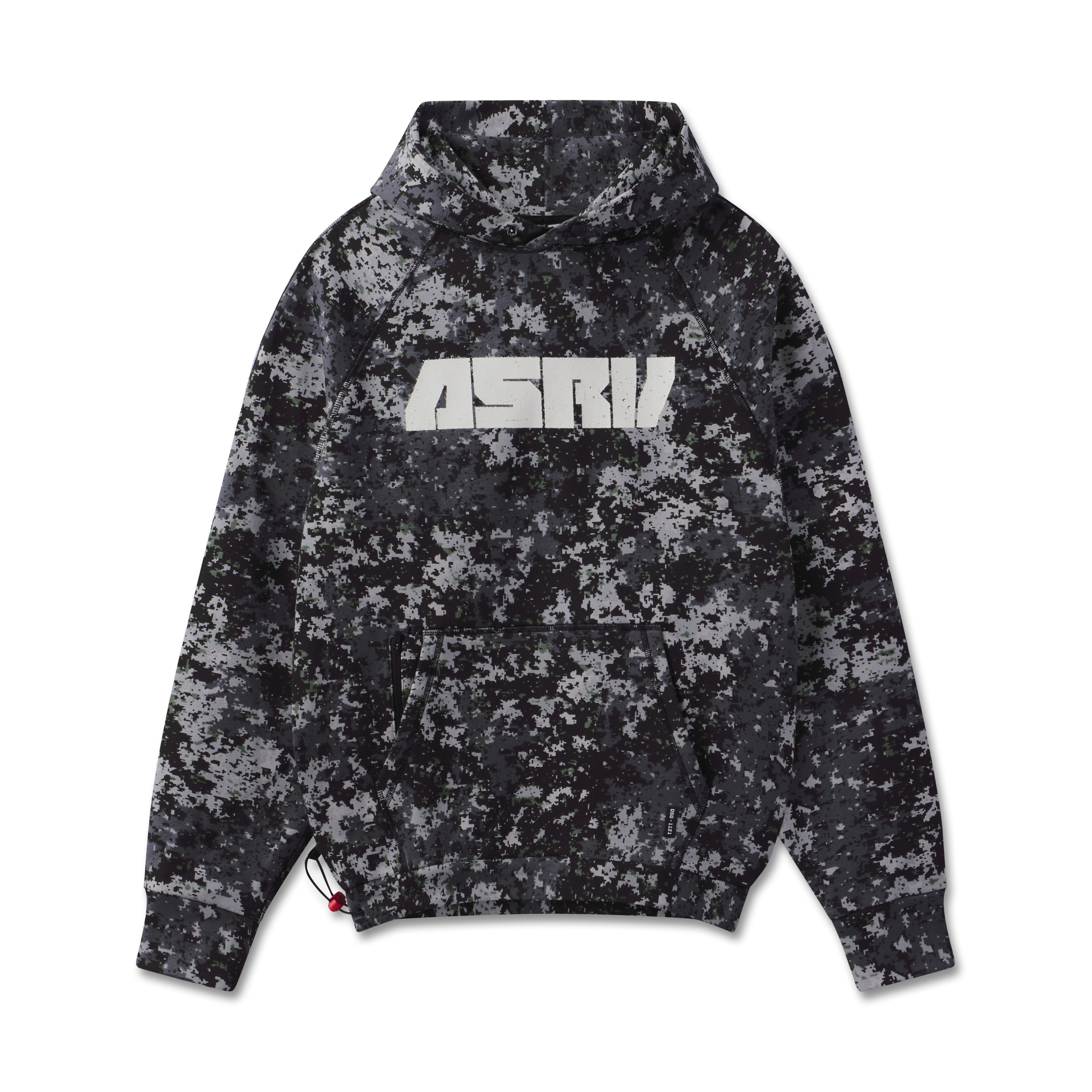 flatlay ASRK Tech-Terry Training Hoodie in black pixel camo, front view