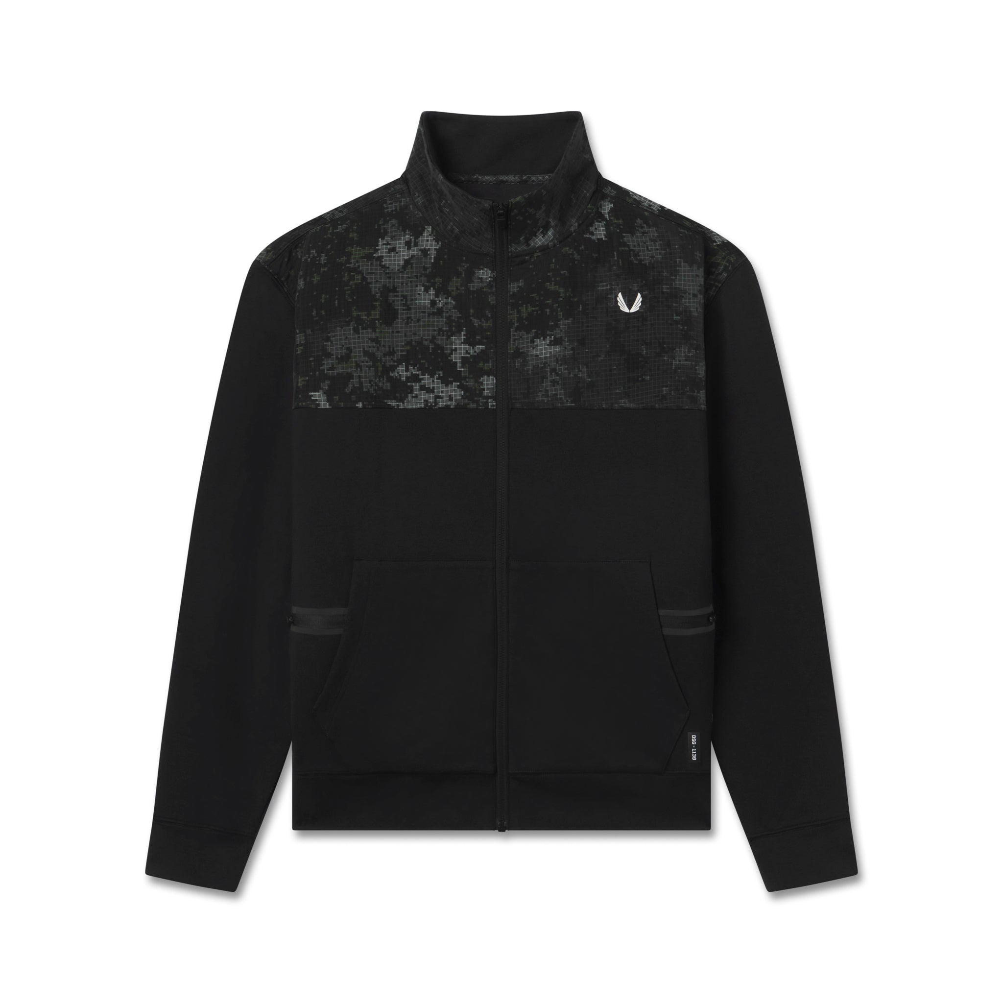 Flatlay of Dri-Core Sidelock Full Zip jacket in black with textured panel detail, front view