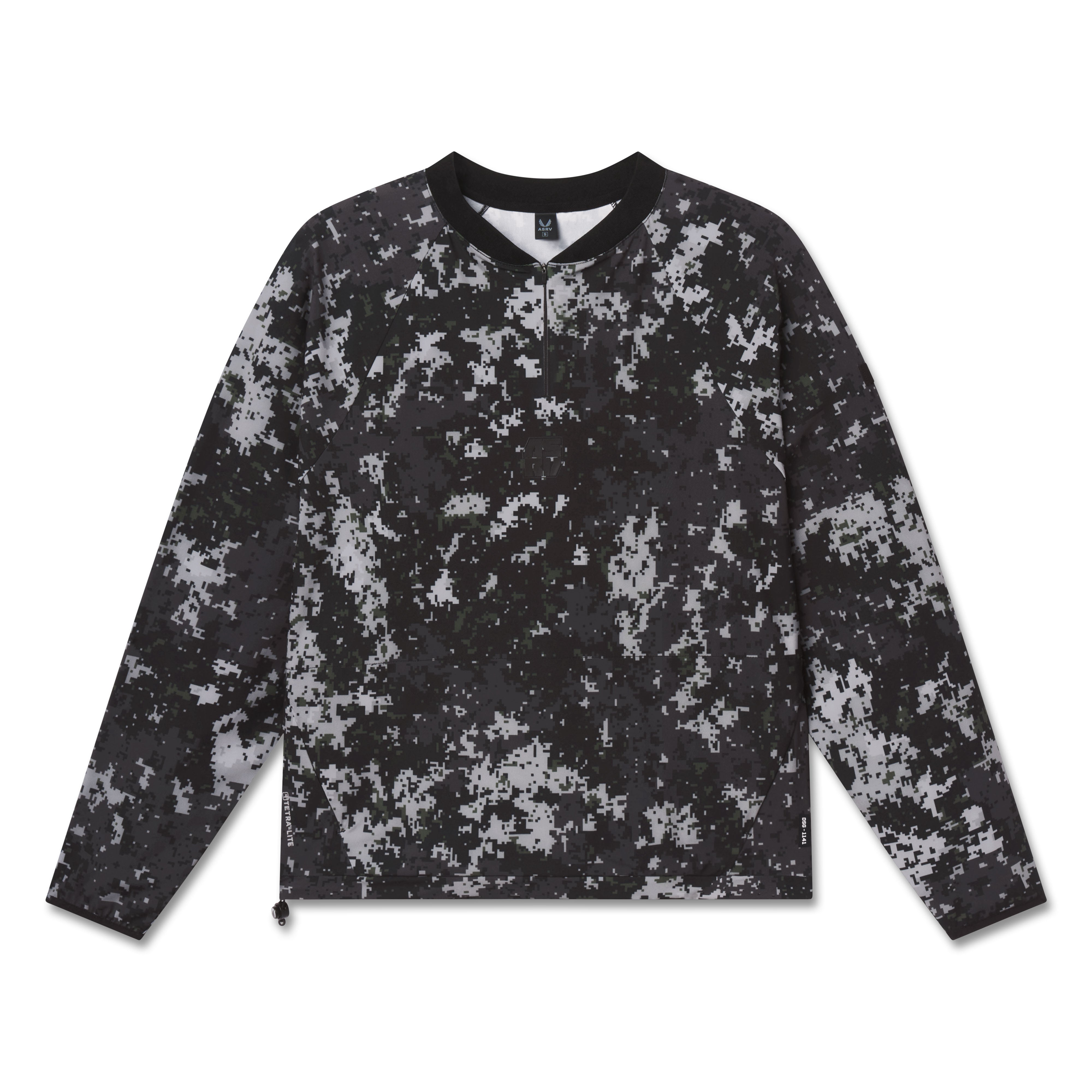 flatlay Tetra-Lite Blade Collar Zip Jacket in black pixel camo, front view