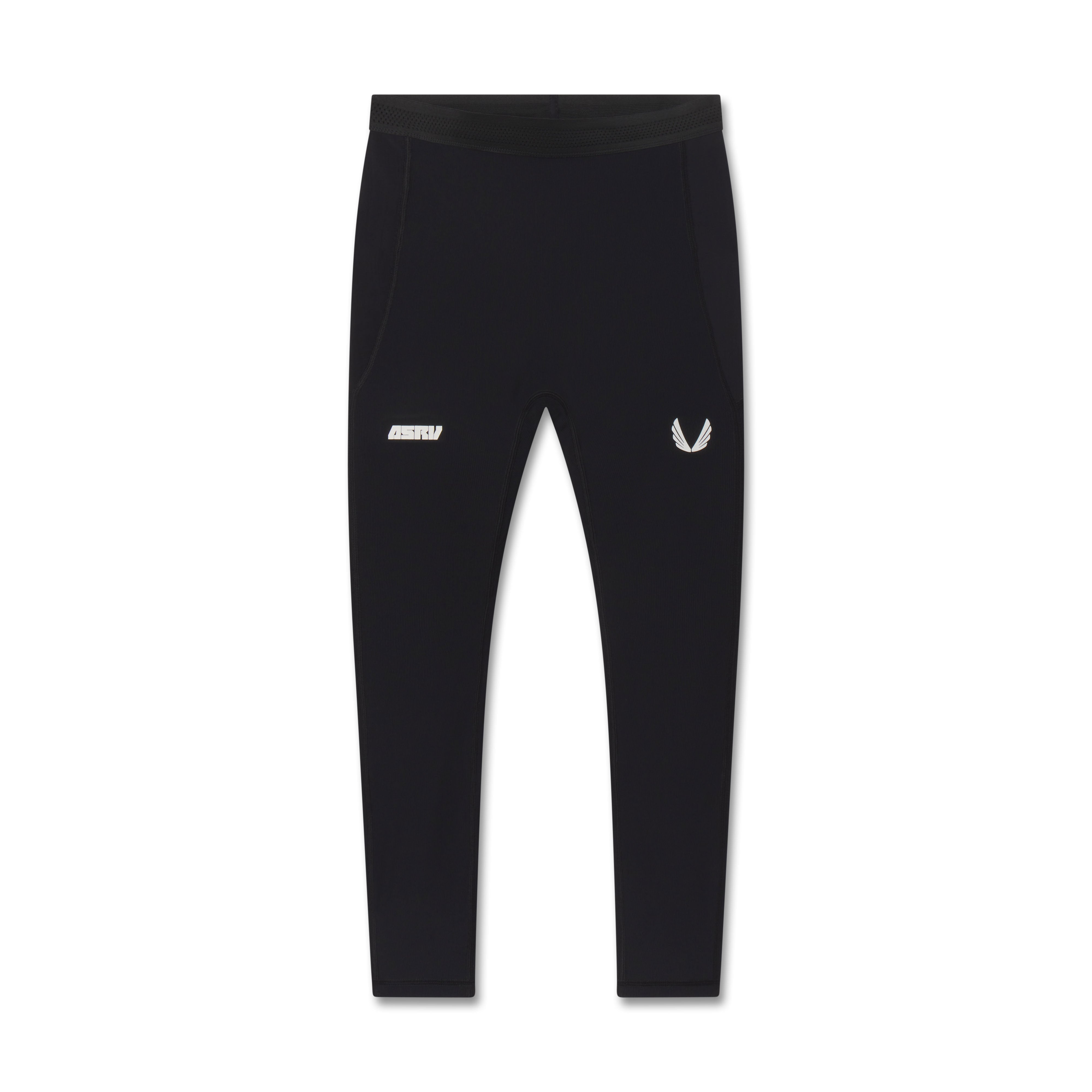 Flatlay of black Lycra® Ribbed Running Tight with ASRV logo, front view