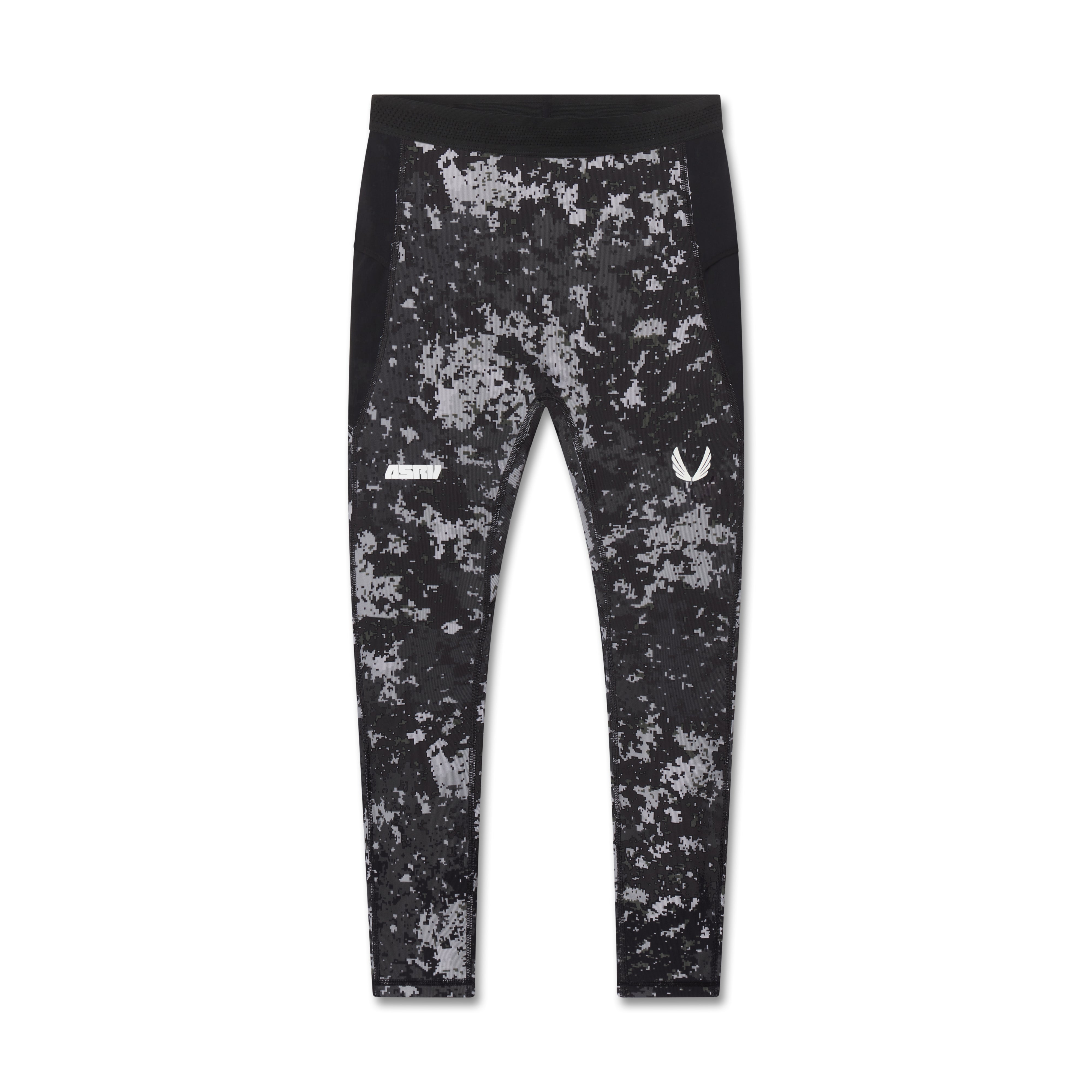 flatlay Lycra® Ribbed Running Tight in black pixel camo, front view