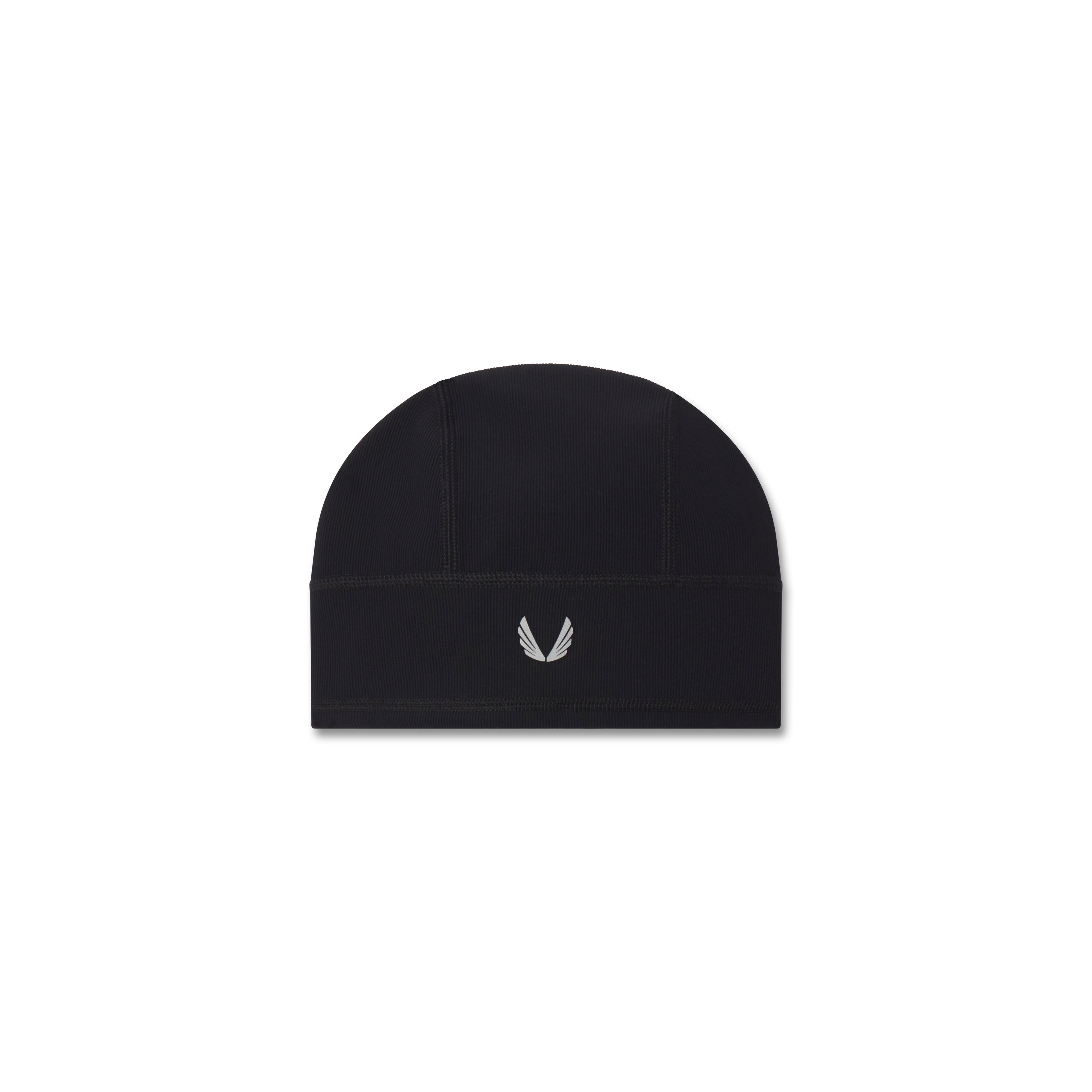 flatlay of black Lycra® Skully beanie with small white logo, front view