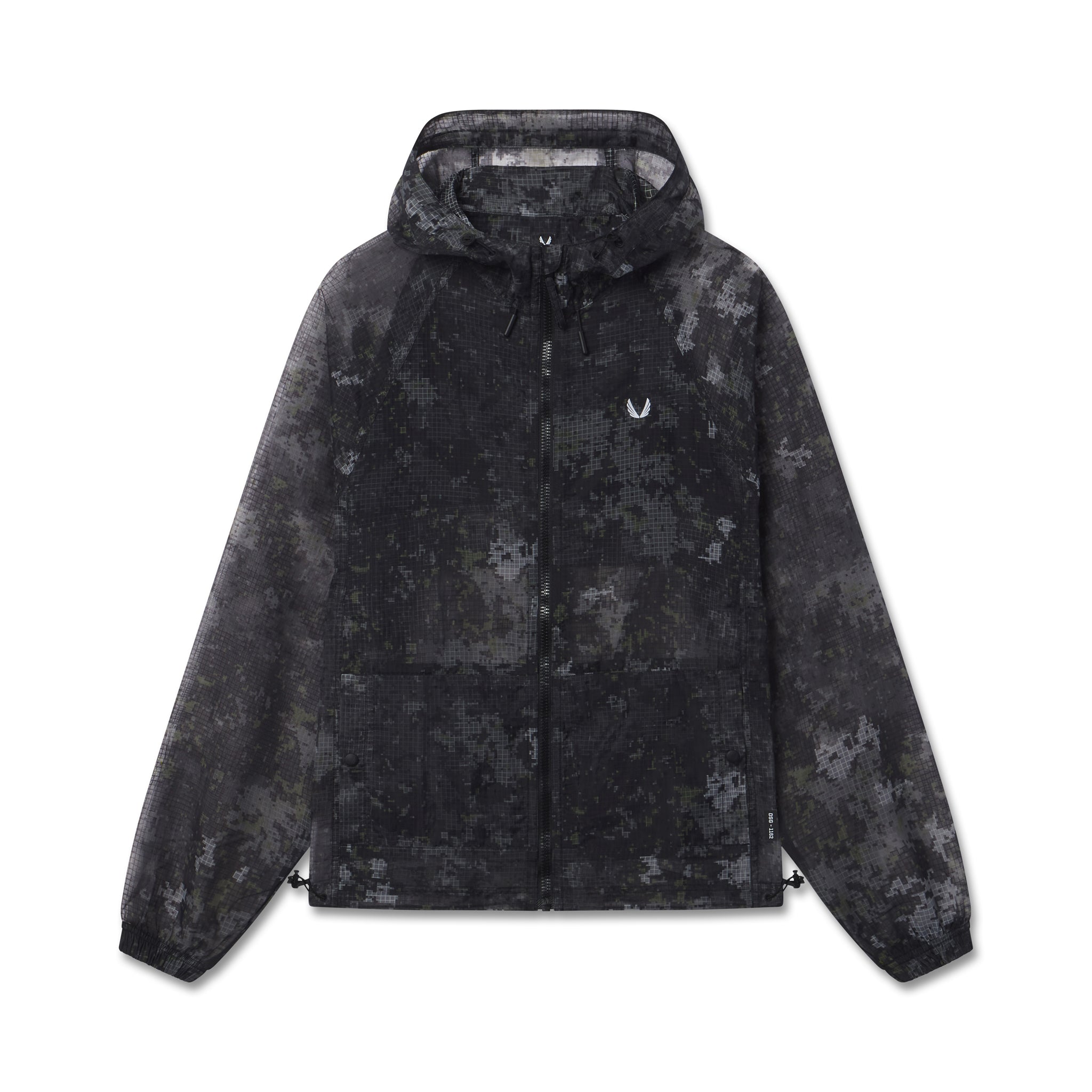 flatlay Weather-Ready Transparent Ripstop Shell Jacket in black pixel camo, front view