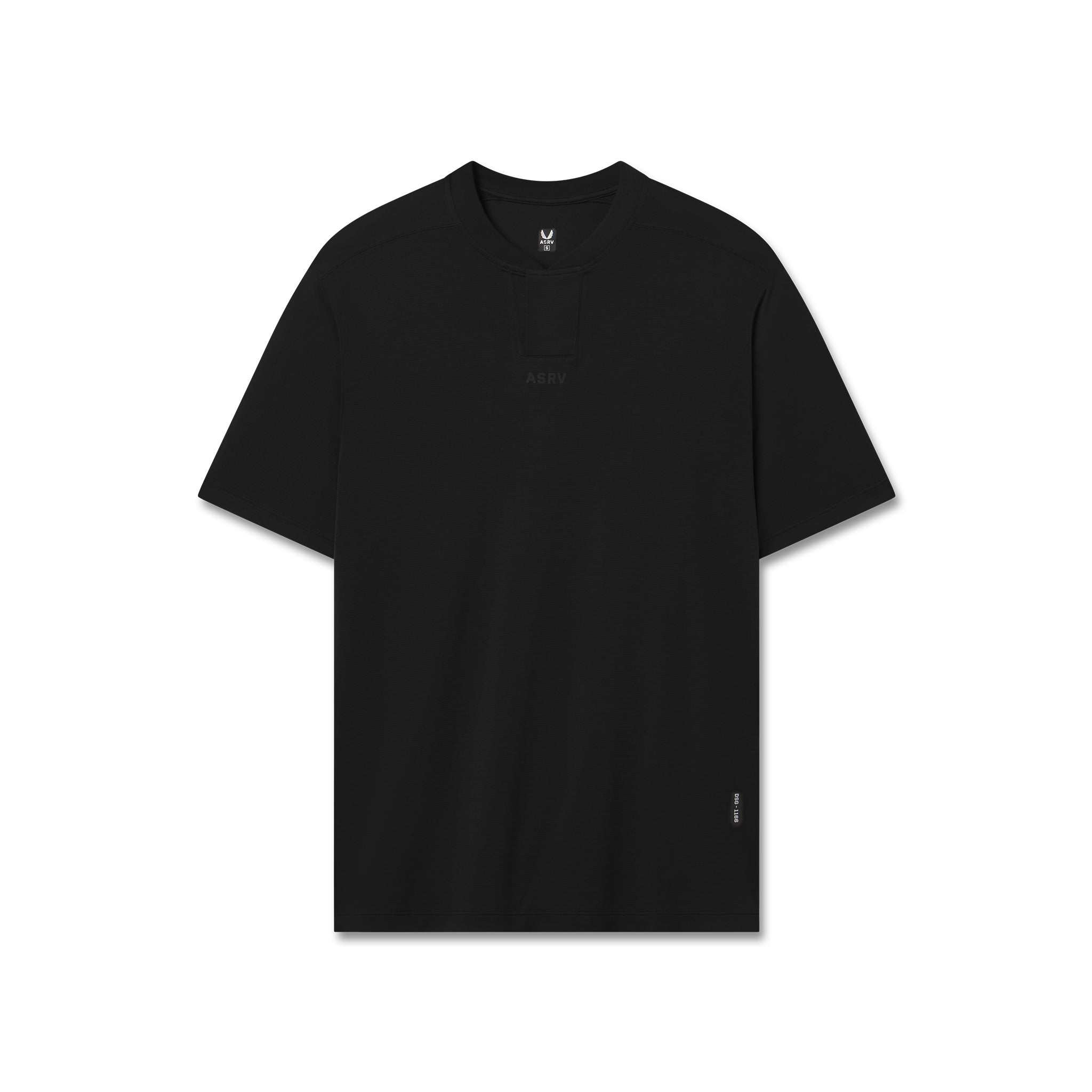 Black short-sleeve t-shirt on dress form, front view