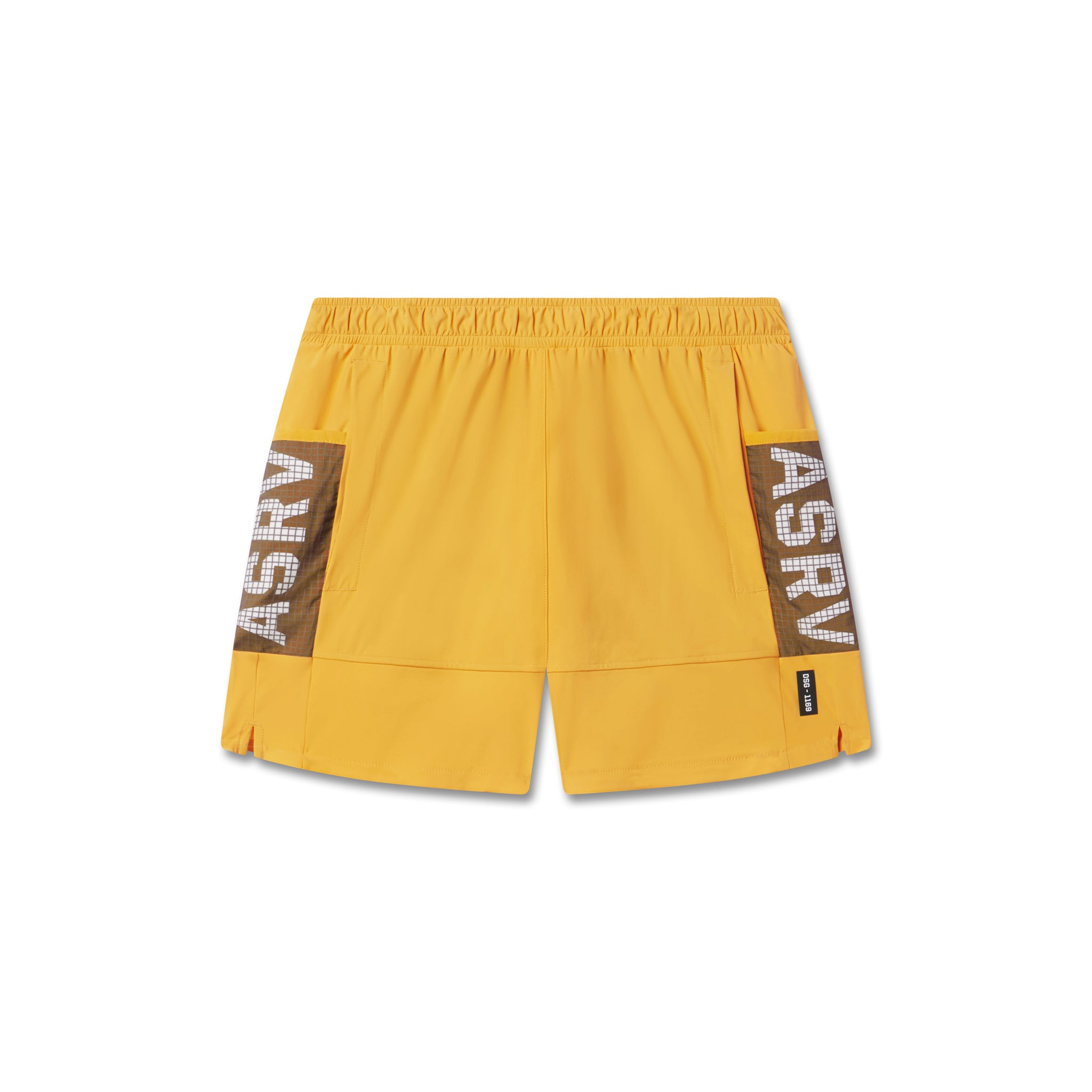 flatlay Tetra-Lite Adventure Short in amber yellow with brown side panels, top view