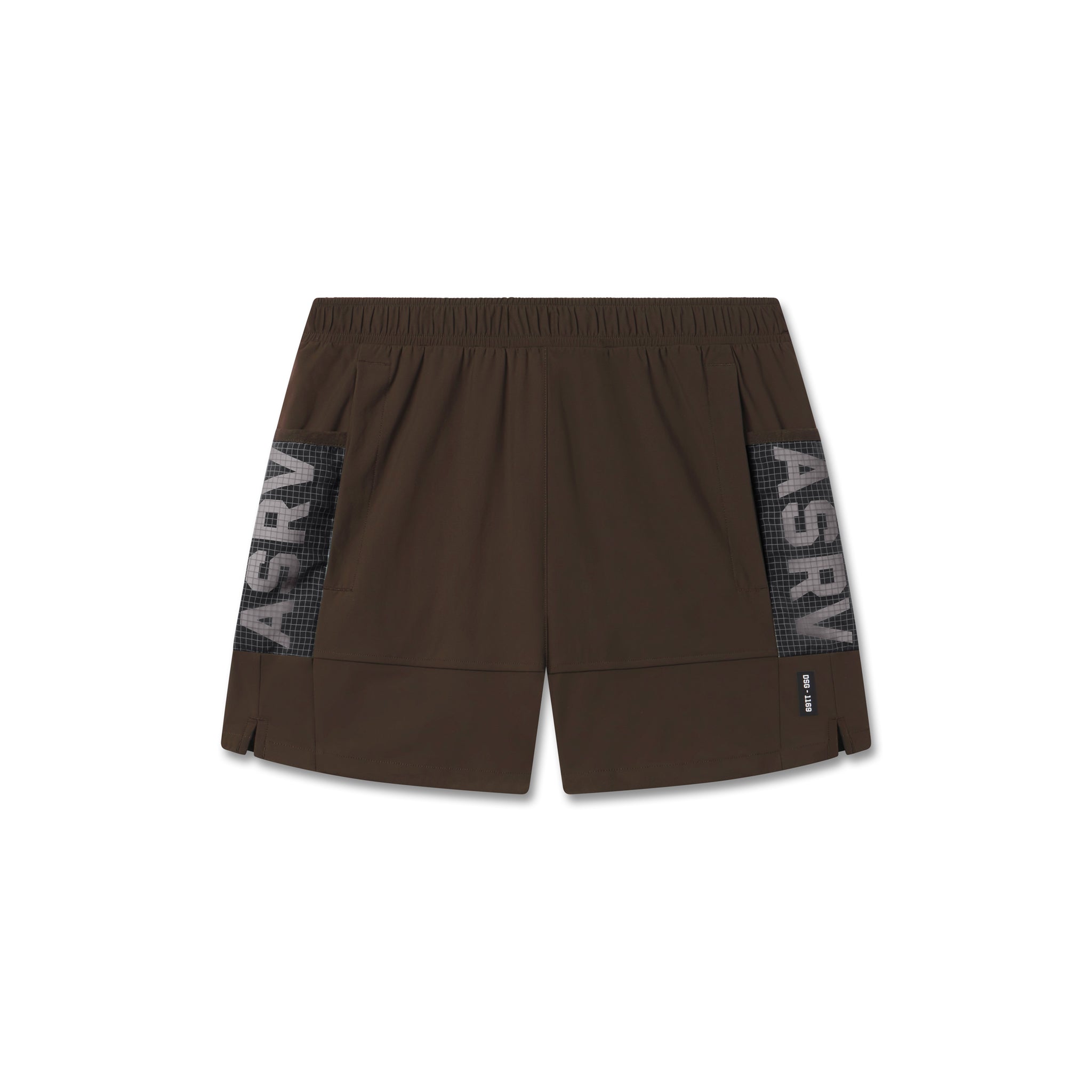 Flatlay of Tetra-Lite Adventure Short in dark earth brown with gray mesh side panels, shot from above