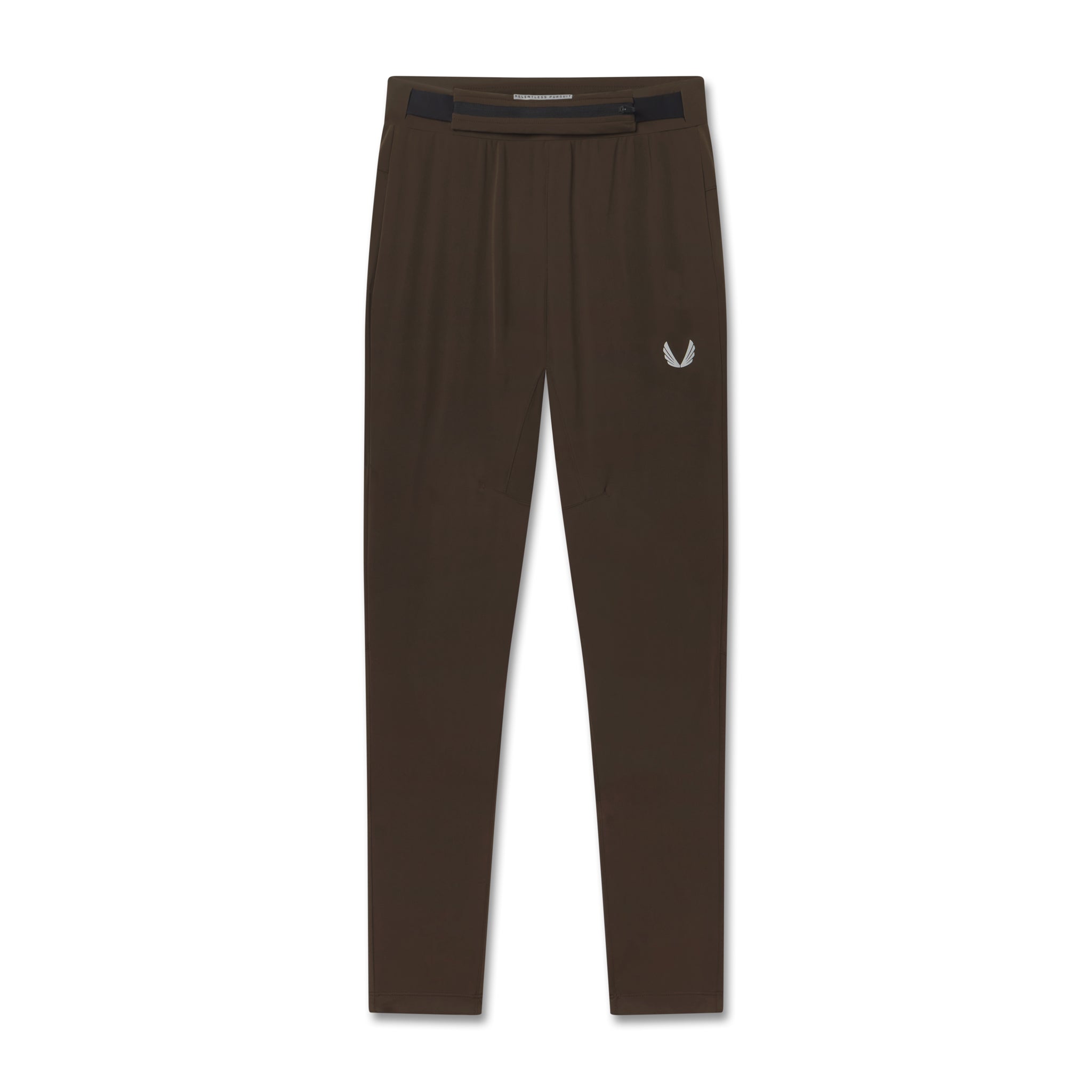 Flatlay of Hybrid Belt-Pack Run Jogger in dark earth brown, front view
