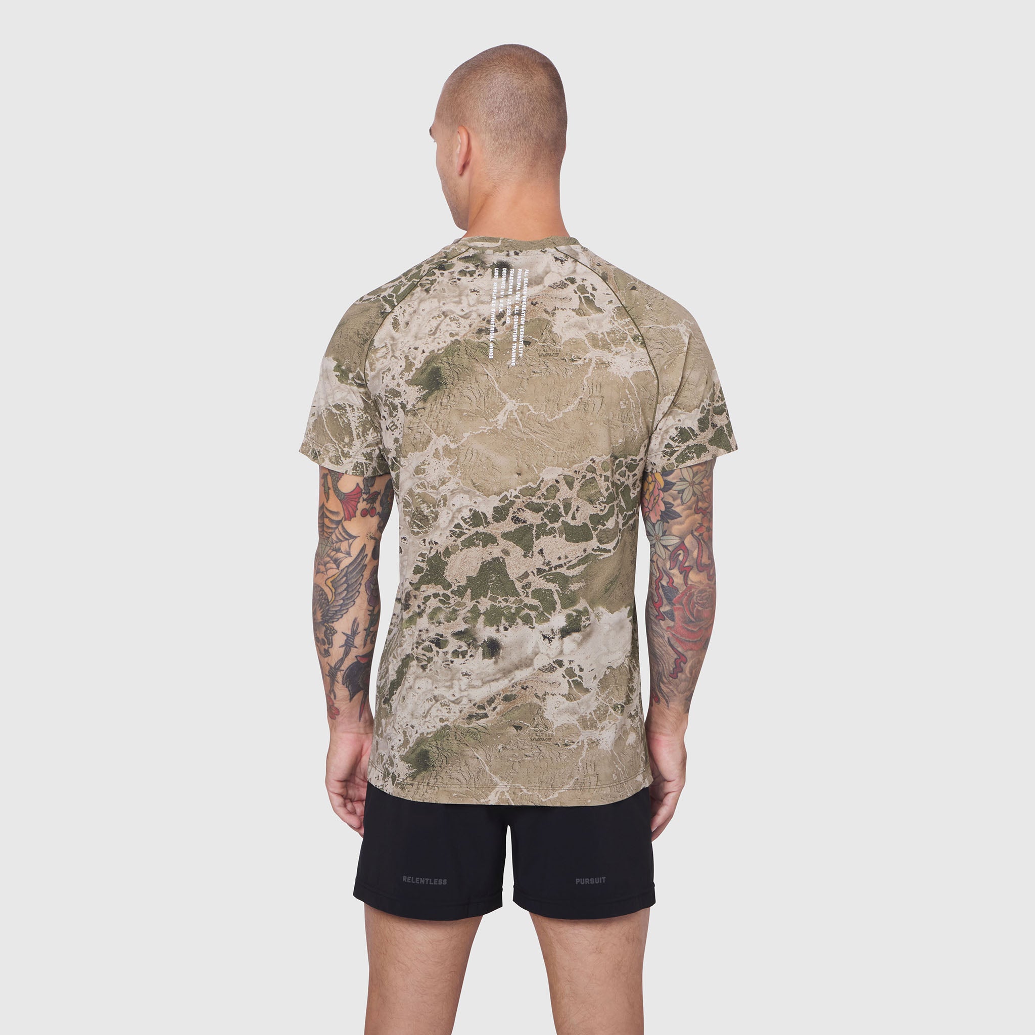 Laser-Vent Training Tee in Realtree WAV3 camo, back view on model