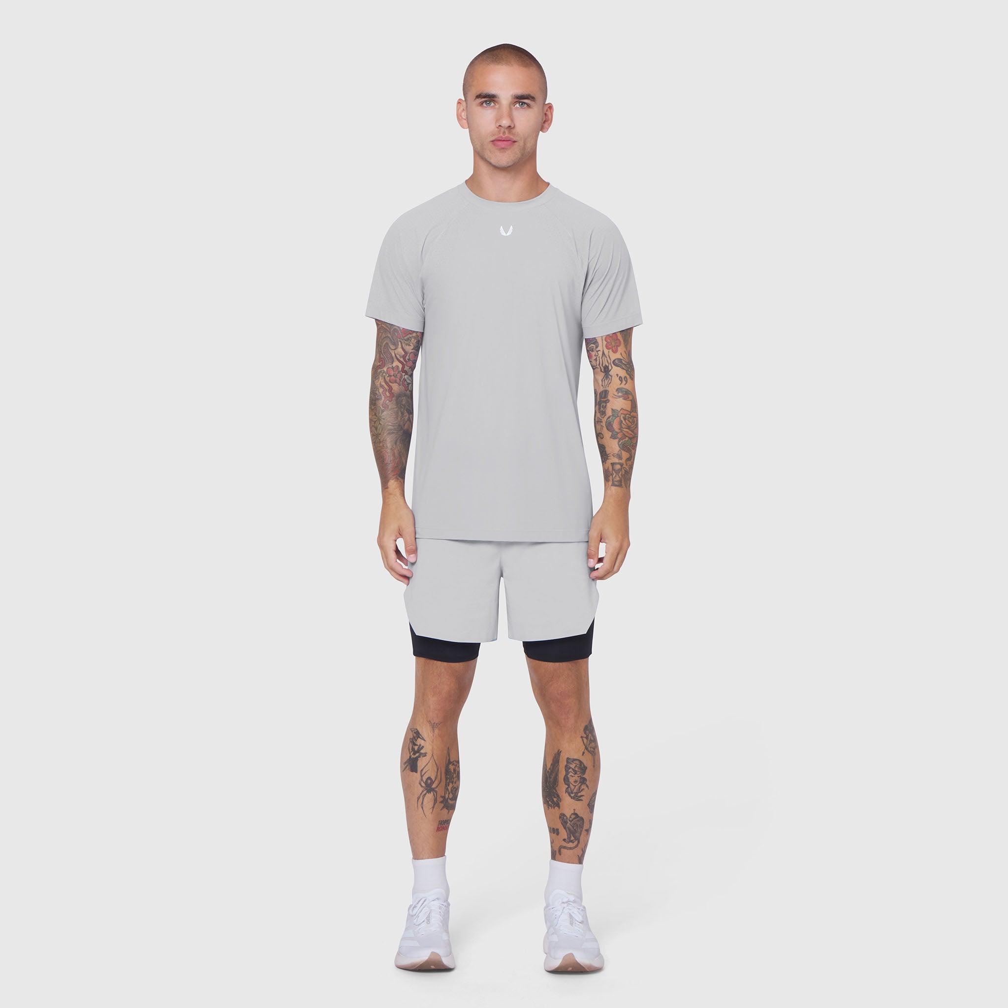 Laser-Vent Training Tee in slate grey worn with matching shorts, front view