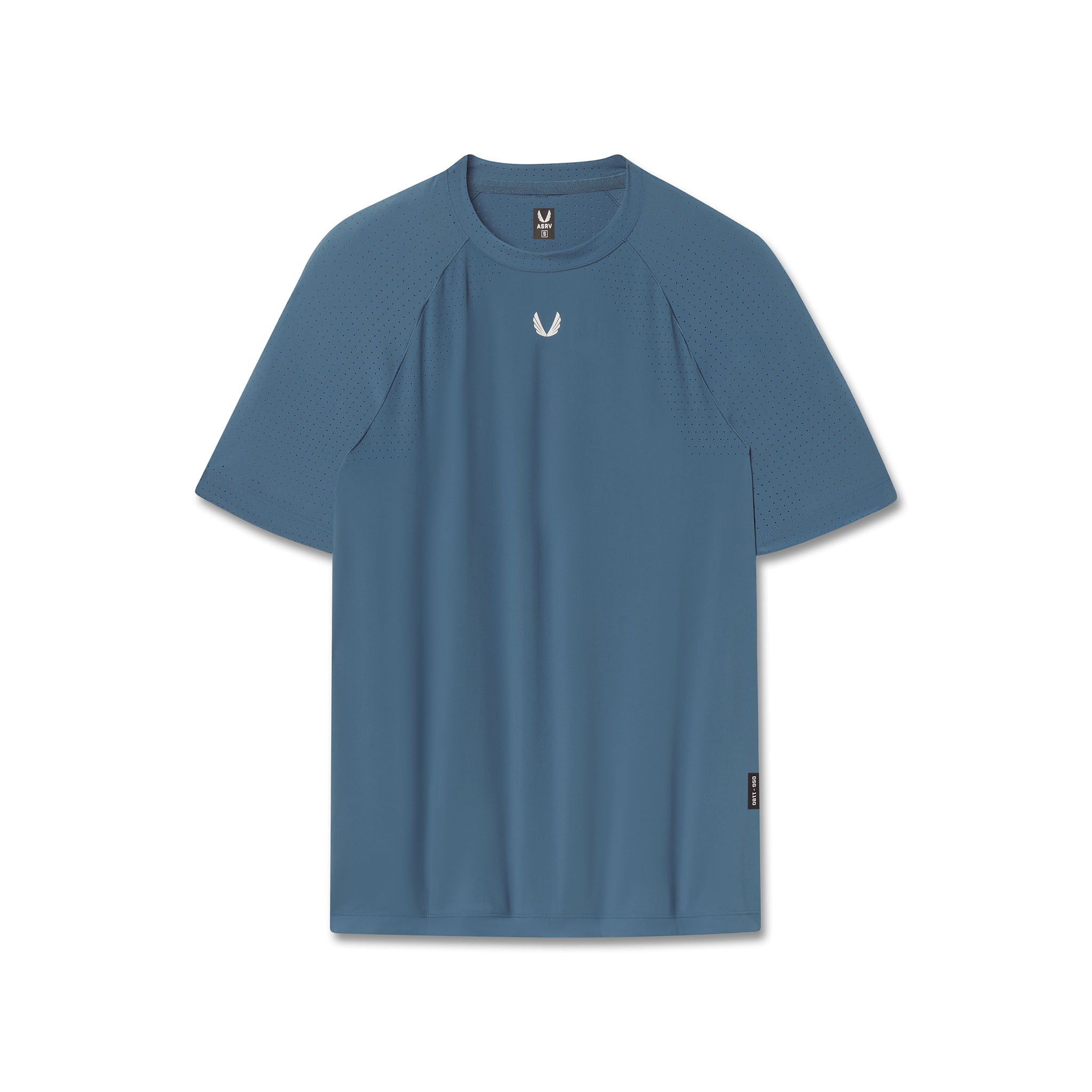 flatlay Laser-Vent Training Tee in storm blue, front view
