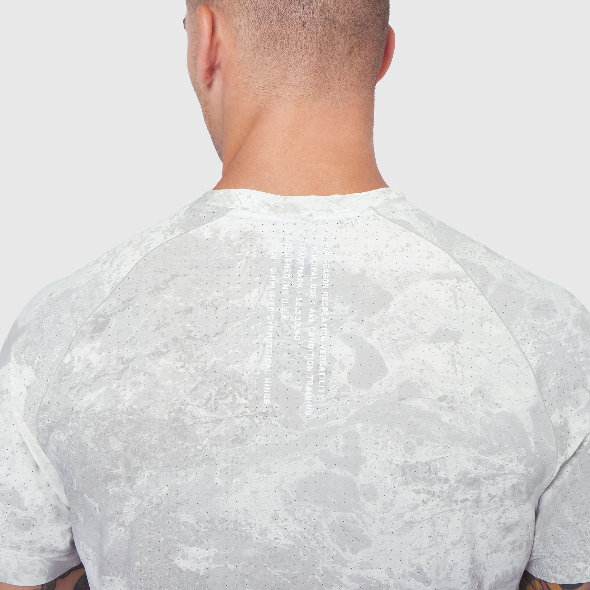 Laser-Vent Training Tee in white camo, back view on model