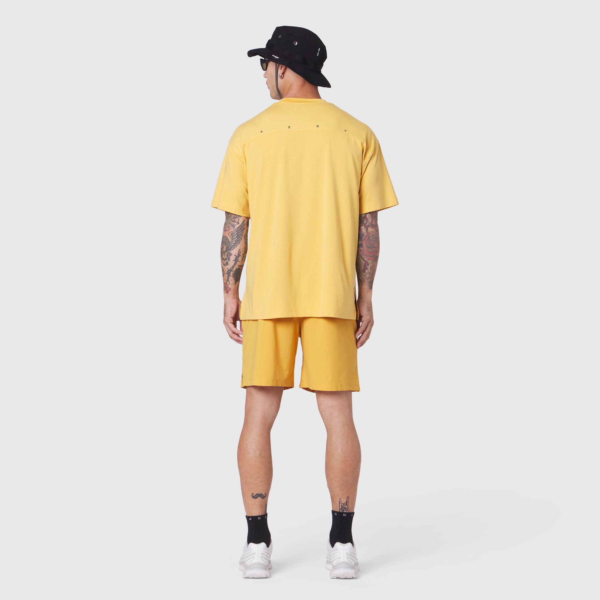 Supima Ice-Skin Reversible Tee in Amber worn by model, back view