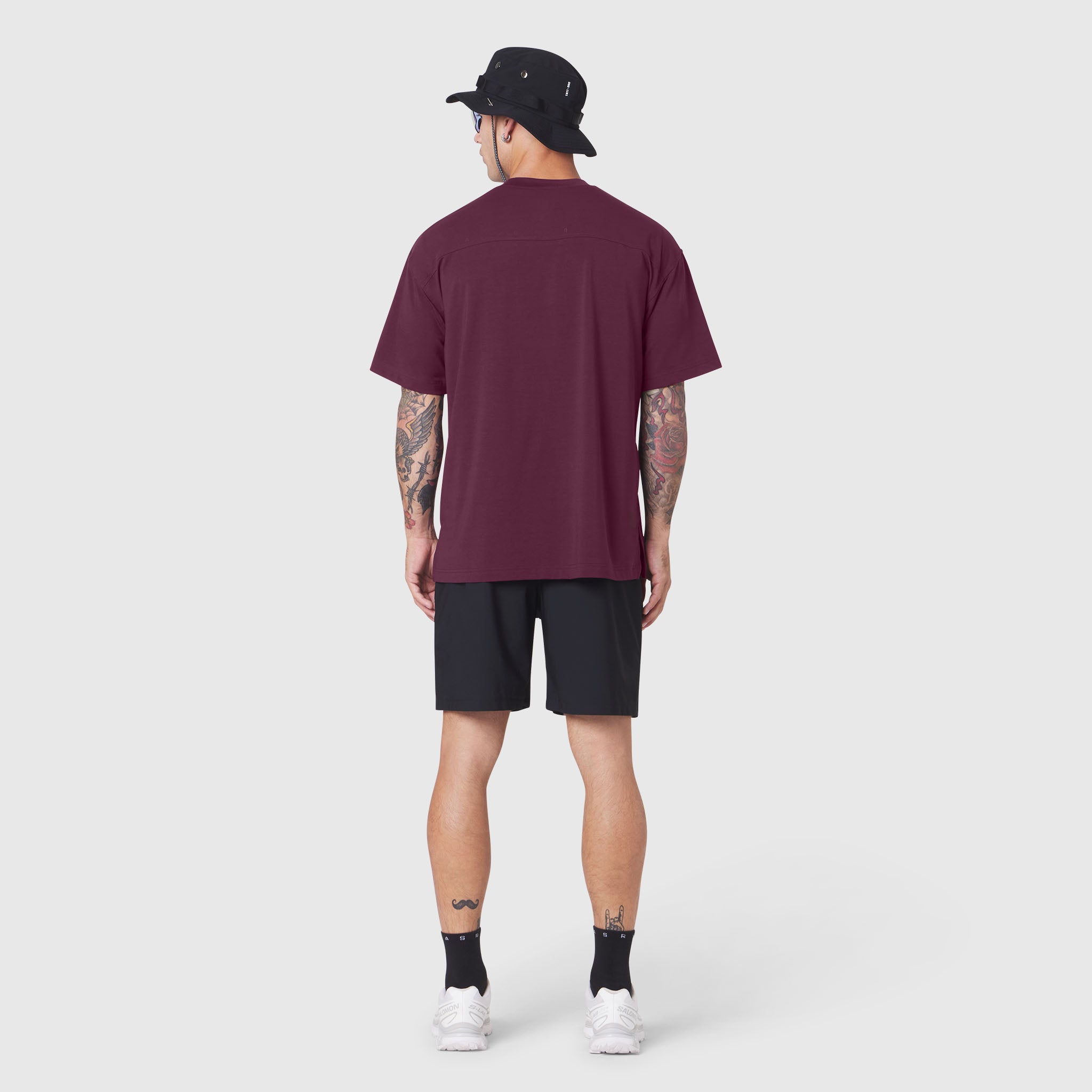 Supima Ice-Skin Reversible Tee in merlot, rear view on model wearing black shorts