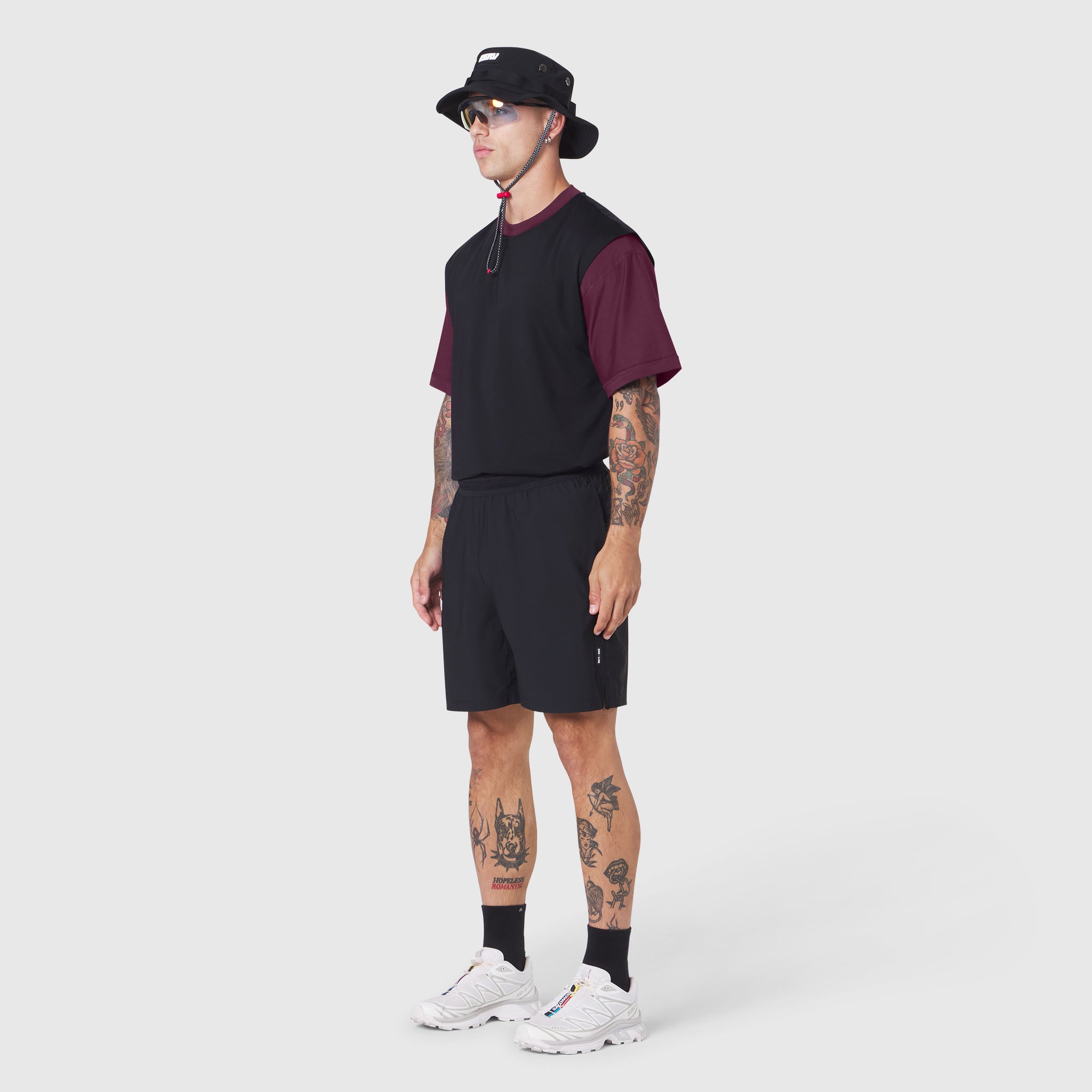 Supima Ice-Skin Reversible Tee in Merlot/Black worn by model, front view