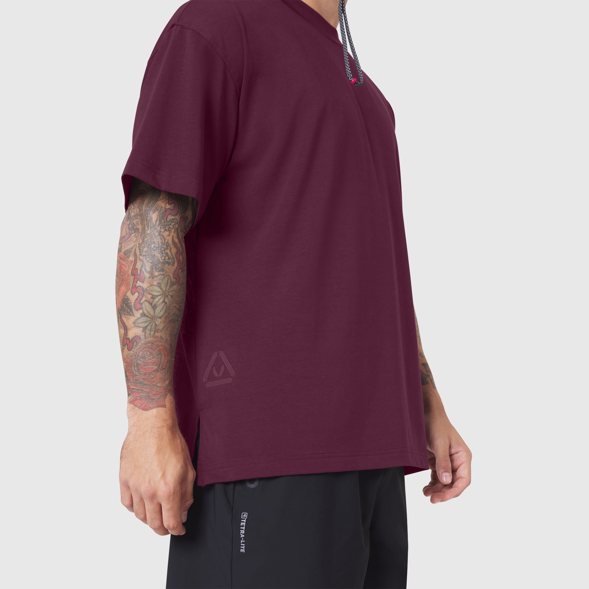 Supima Ice-Skin Reversible Tee in Merlot worn by model, side view