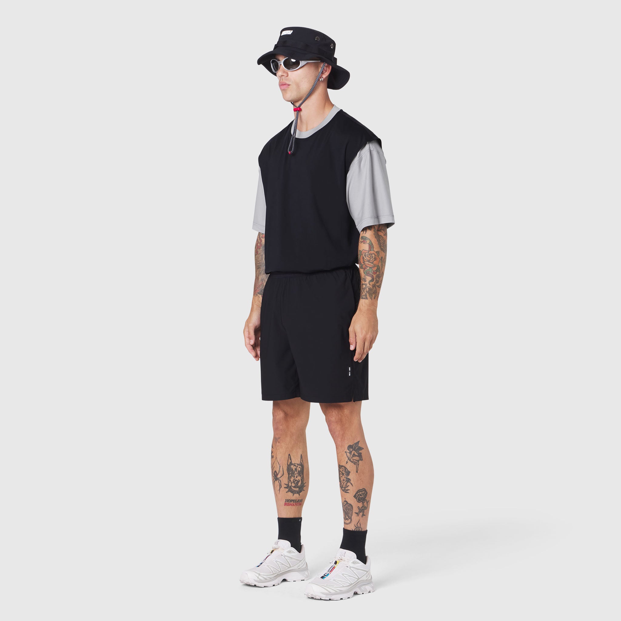 Supima Ice-Skin Reversible Tee in slate grey and black worn by model, front view