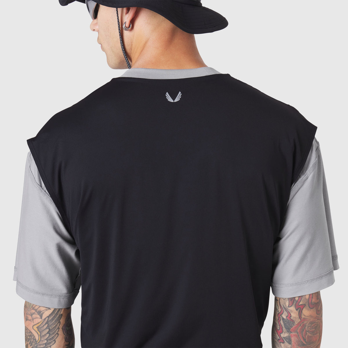 Supima Ice-Skin Reversible Tee in black and grey, rear view on model