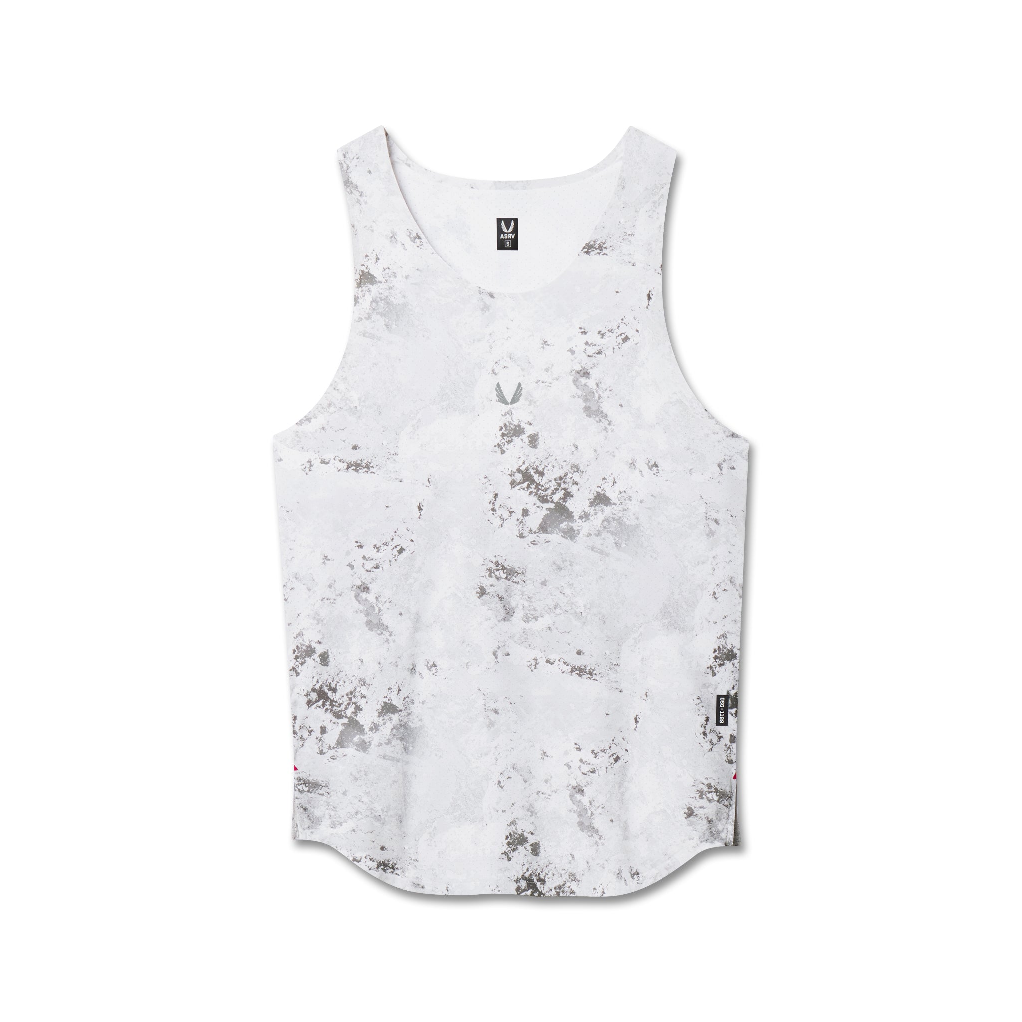 Flatlay of Aerotex Perforated Run Tank in Sedona Snow Camo white, front view