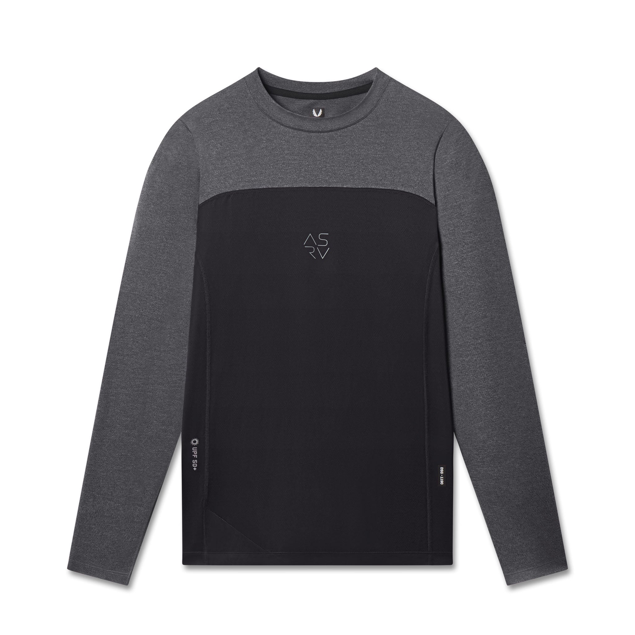 flatlay AEROSILVER® UPF50+ Run Long Sleeve in black and charcoal, front view