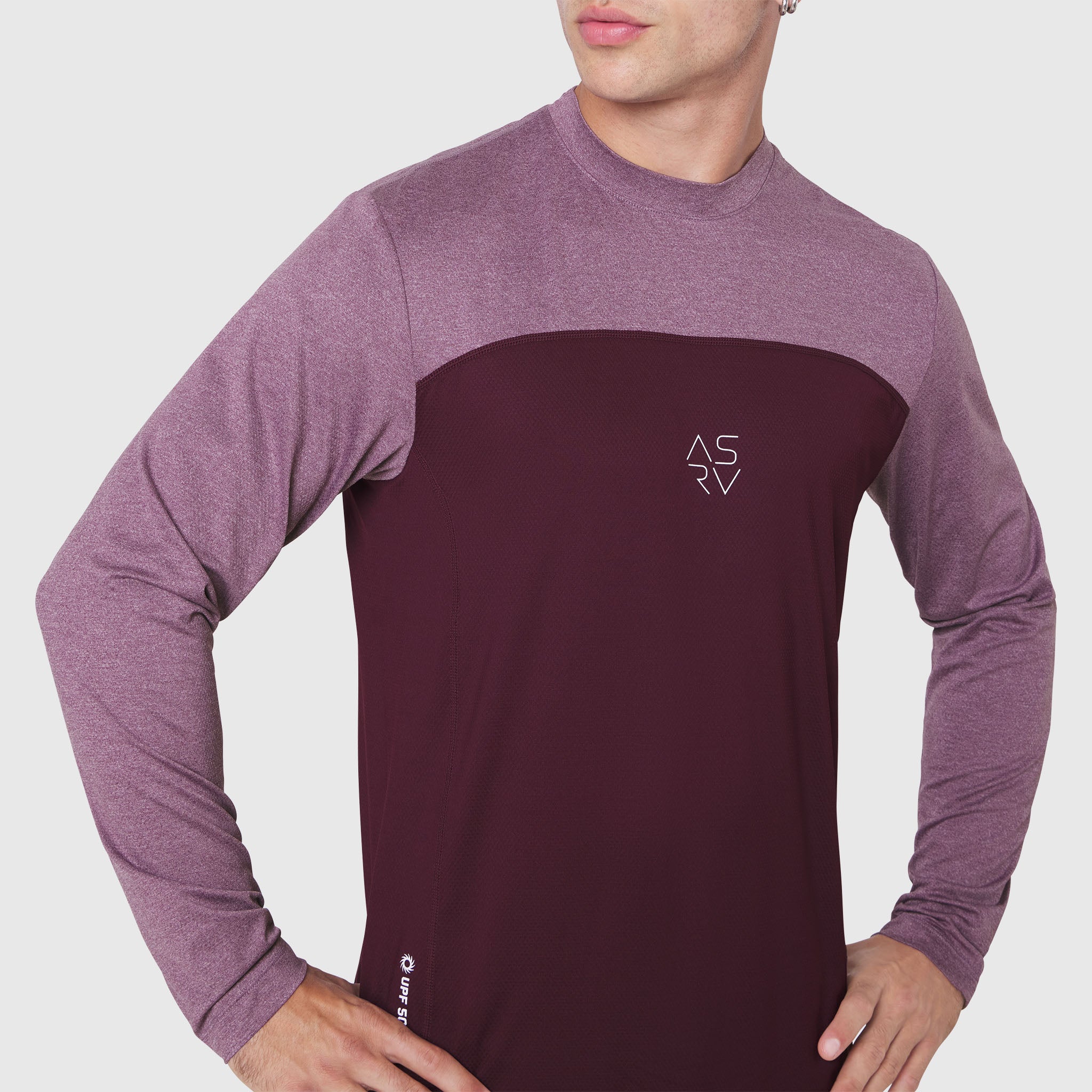 AEROSILVER® UPF50+ Run Long Sleeve in merlot and mauve colorblock, worn by model