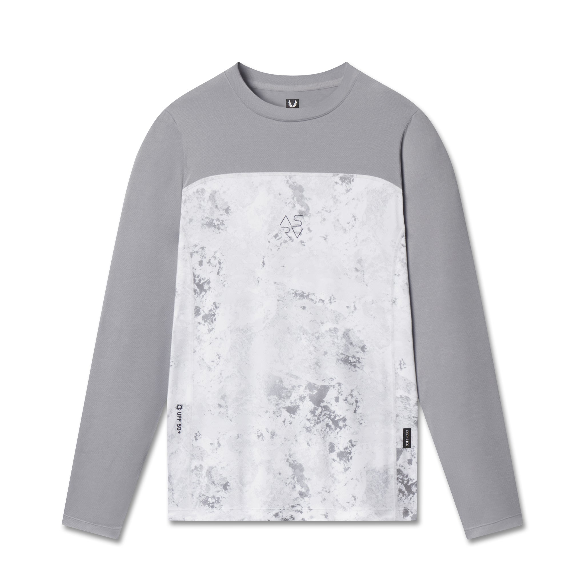 AEROSILVER® UPF50+ Run Long Sleeve in gray and white snow camo, front view on model