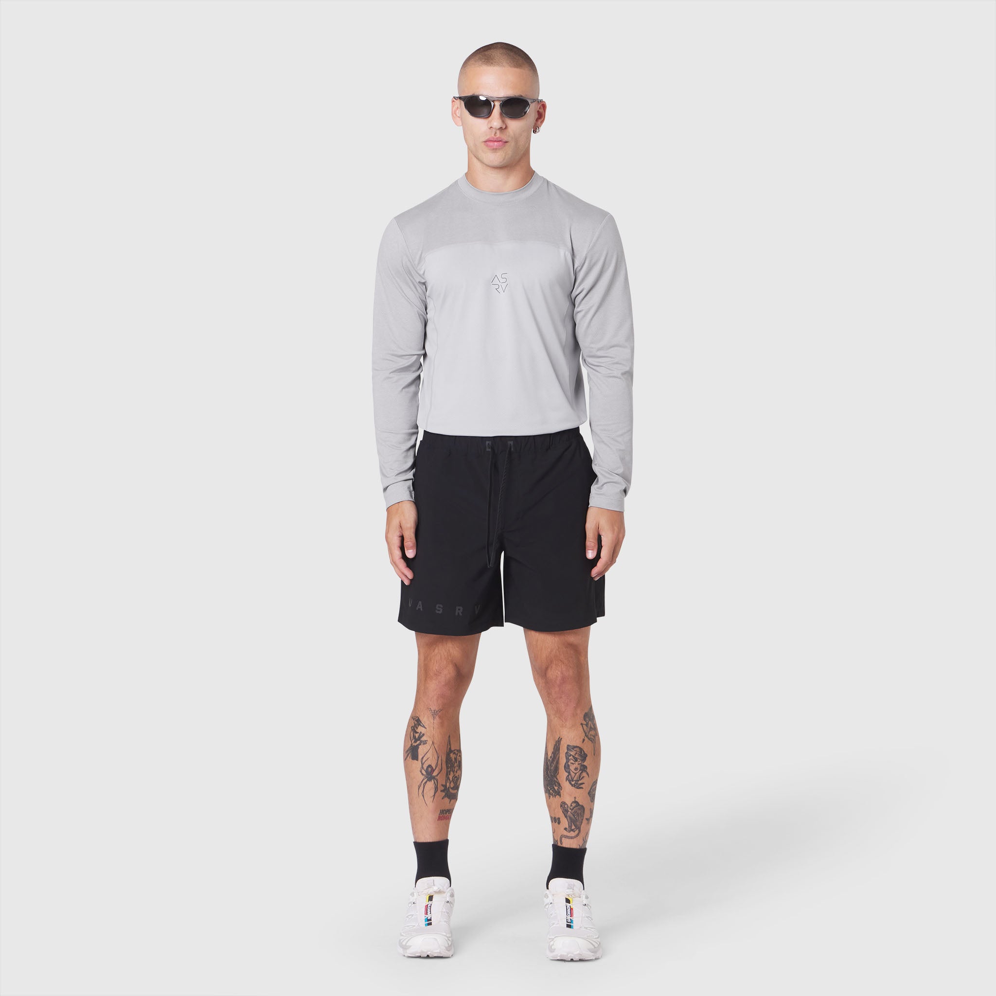 AEROSILVER® UPF50+ Run Long Sleeve in slate grey, worn by model with black shorts, front view