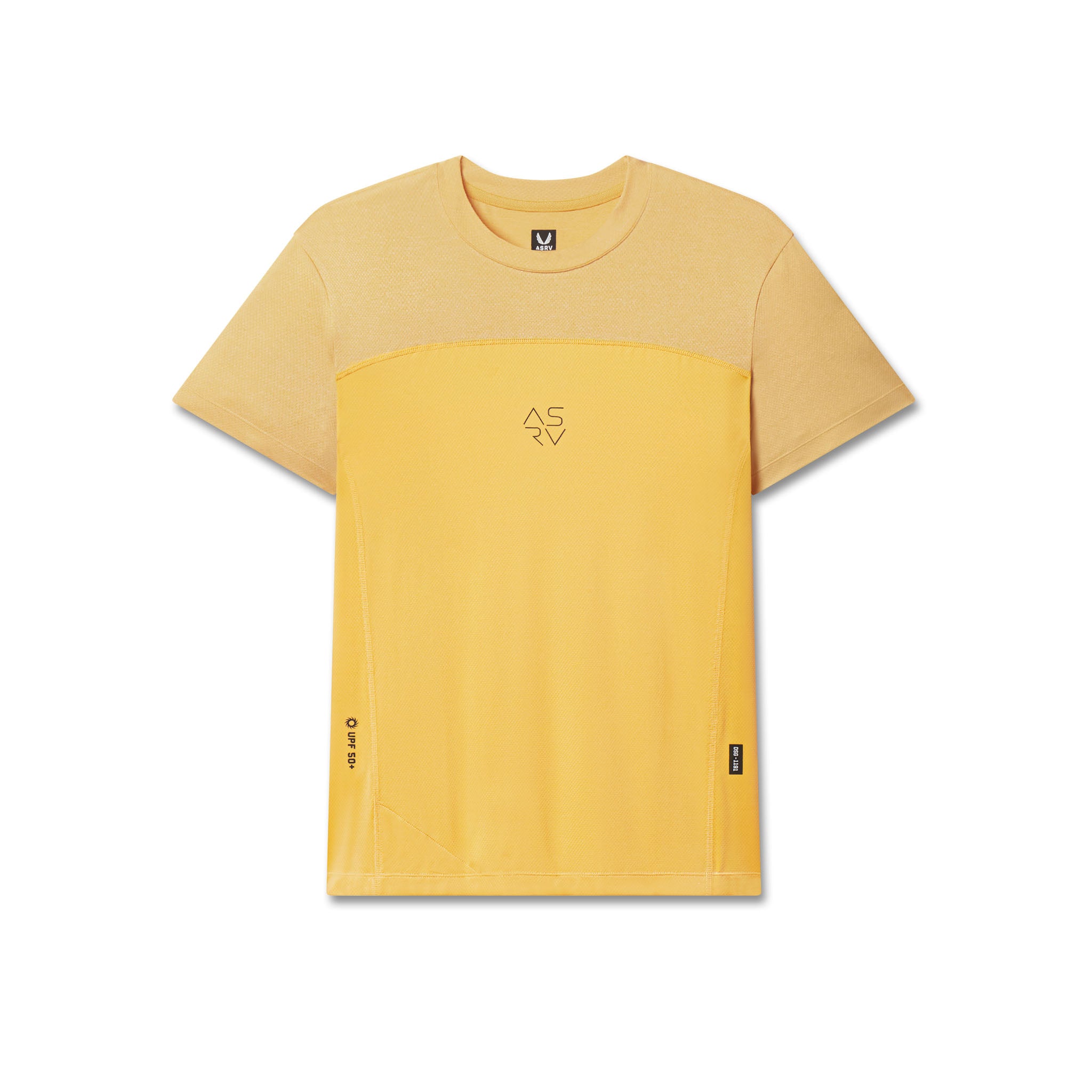 AEROSILVER UPF50+ Run Tee in amber yellow, front view on flat lay
