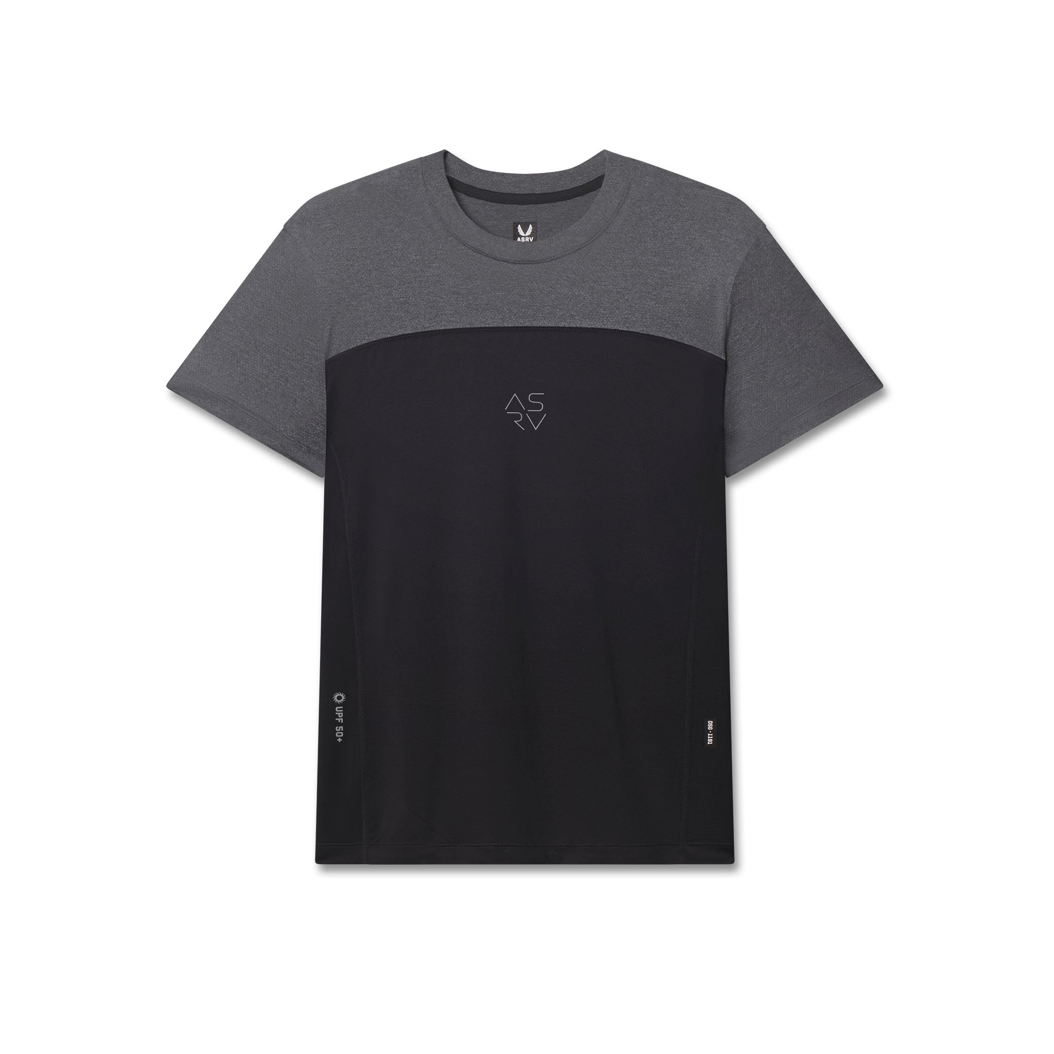 Flatlay of AEROSILVER UPF50+ Run Tee in black and gray colorblock, front view