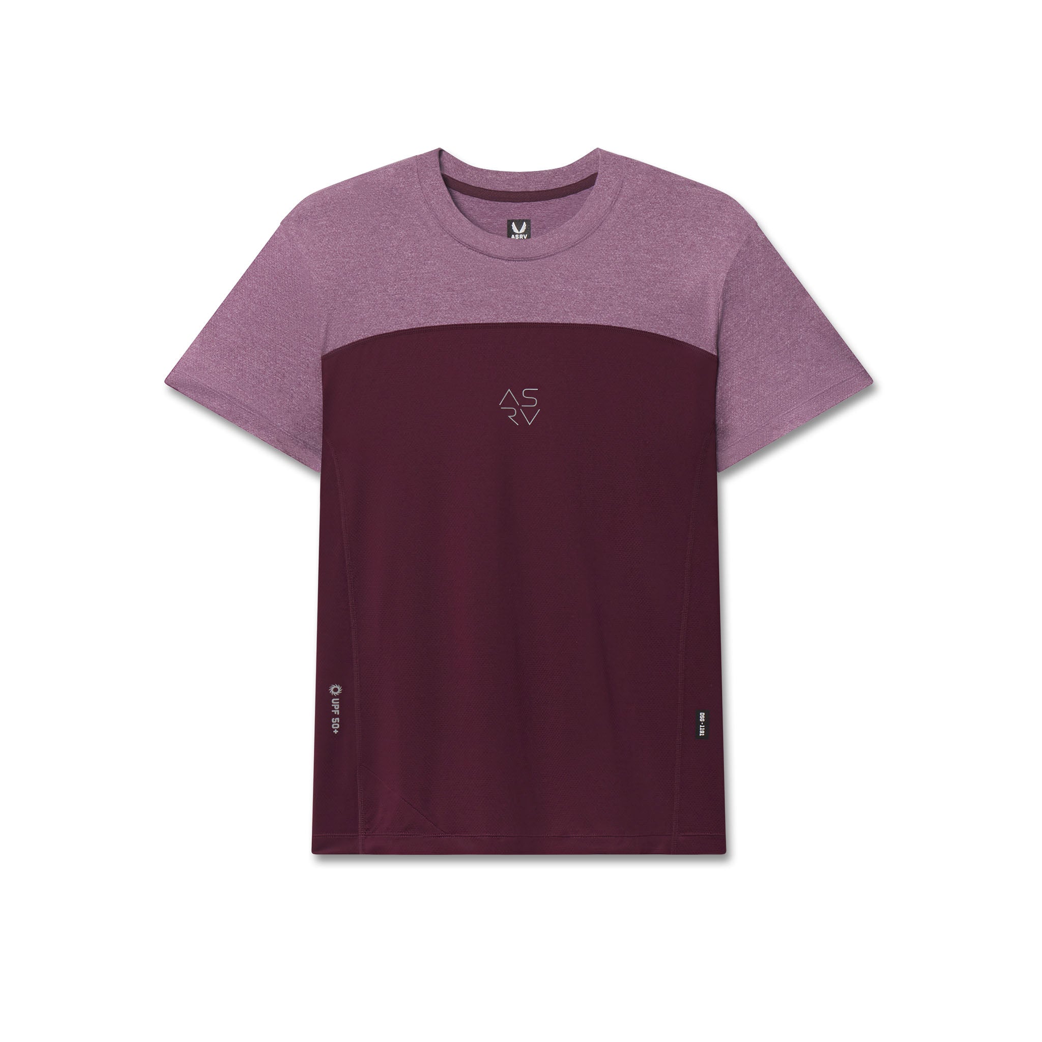 AEROSILVER® UPF50+ Run Tee in merlot and mauve colorblock, front view on model