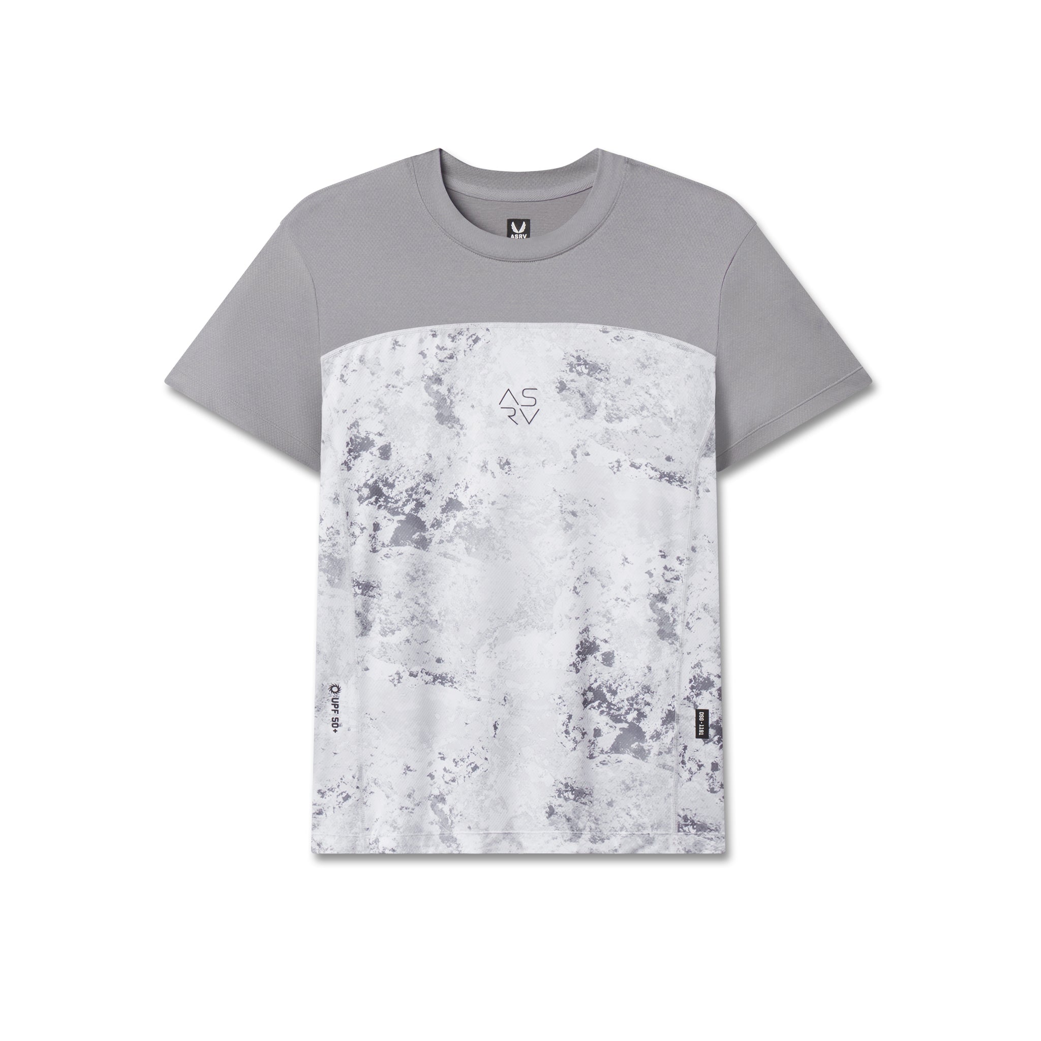 AEROSILVER® UPF50+ Run Tee in gray and white snow camo, front view on dress form