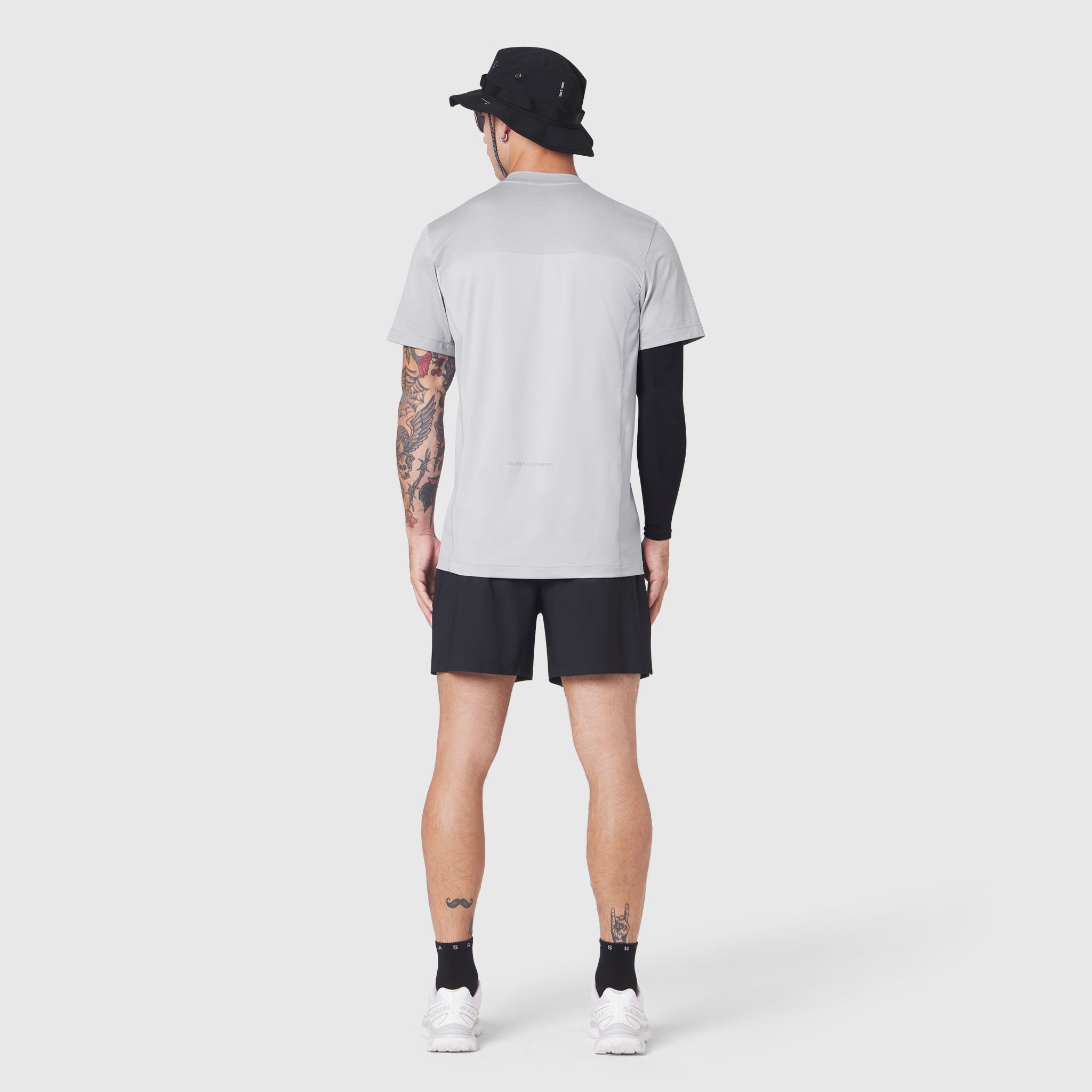 AEROSILVER® UPF50+ Run Tee in slate grey worn by model, back view