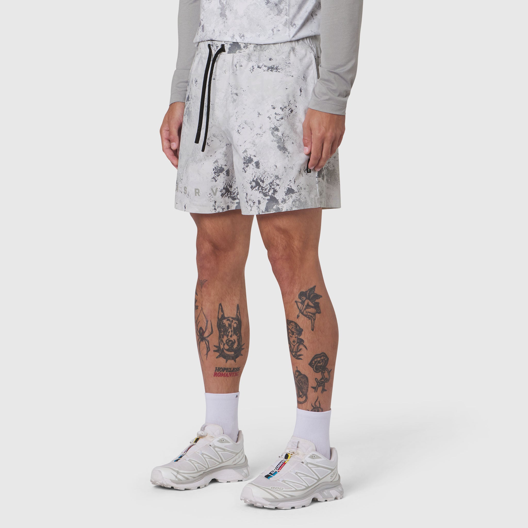 Revolutional Training Short in Sedona Snow Camo worn by model, front view