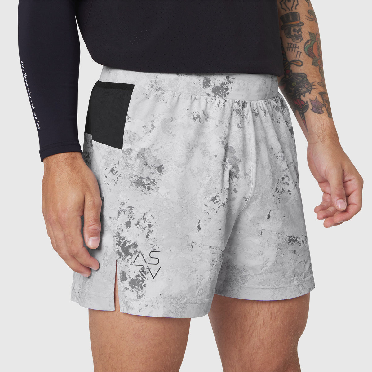Aerotex Distance Run Short in Sedona Snow Camo worn by model, side view