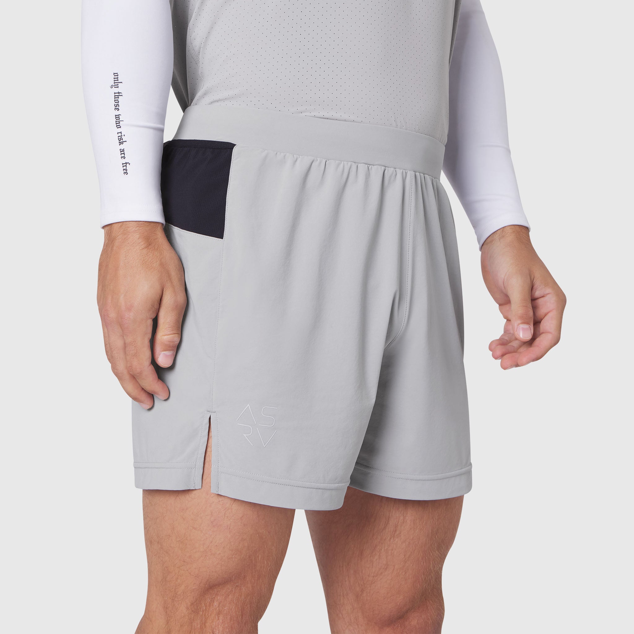 Aerotex™ Distance Run Short in slate grey, worn by model showing front side view
