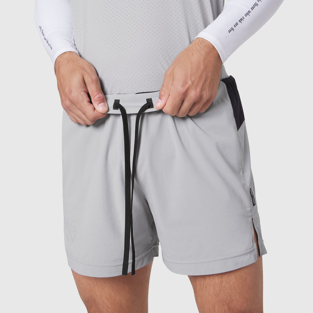Aerotex™ Distance Run Short in Slate Grey, model adjusting drawstring at waist