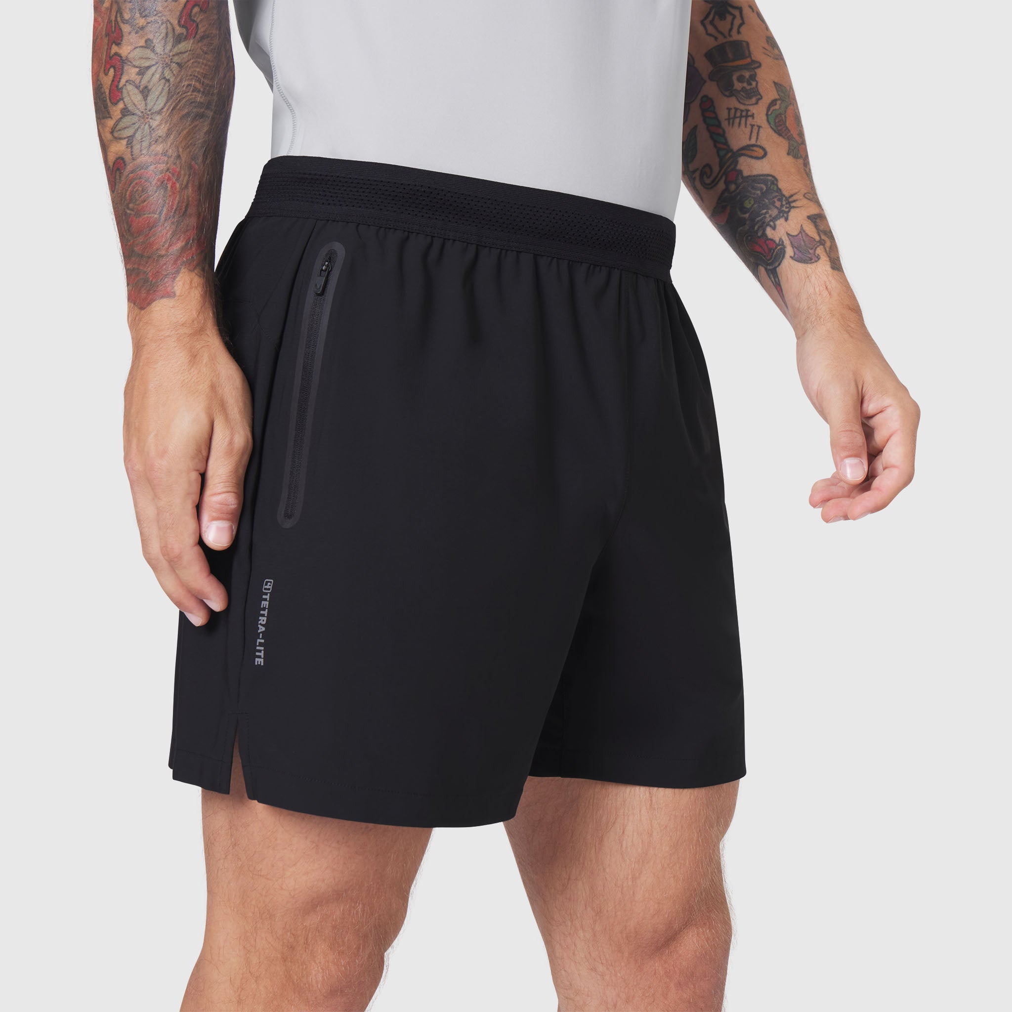 Black TETRA-LITE® 5" Linerless Training Short worn by model, side view