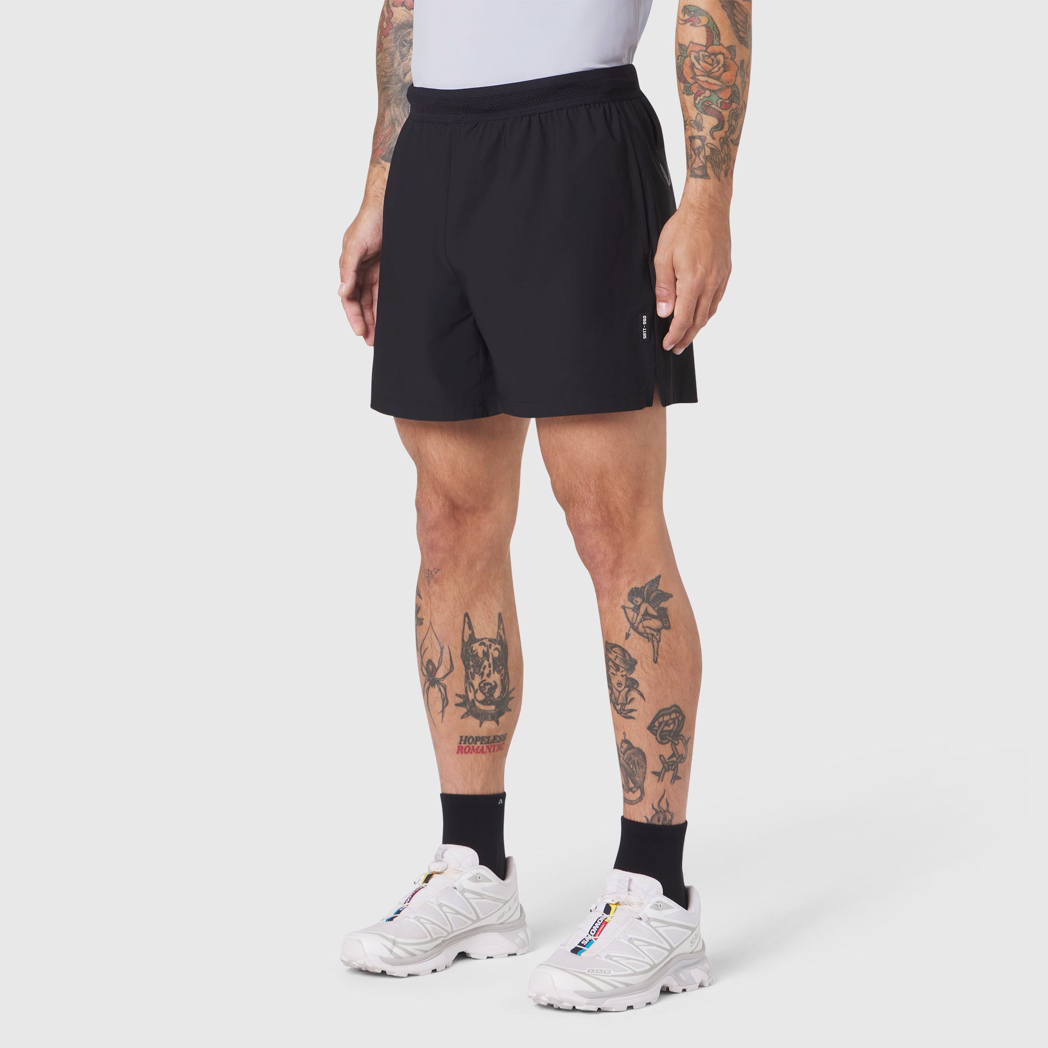 Black TETRA-LITE® 5" Linerless Training Short on model, front view