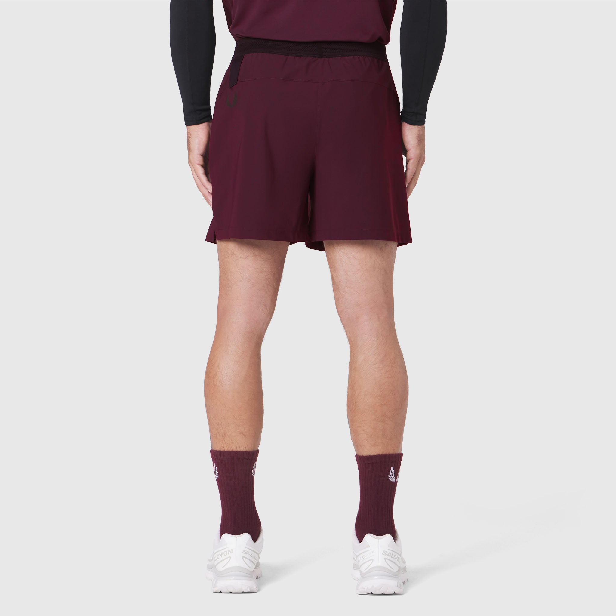 TETRA-LITE® 5" Linerless Training Short in Merlot, rear view on model