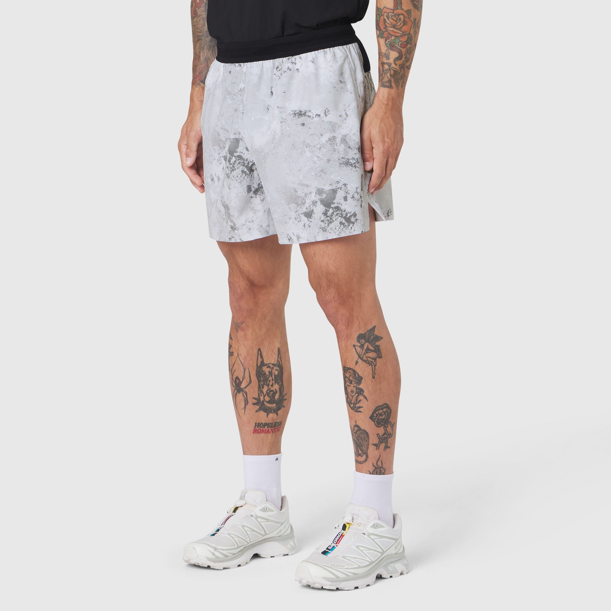 Tetra-Lite 5" linerless training shorts in sedona snow camo, worn with white socks and white sneakers