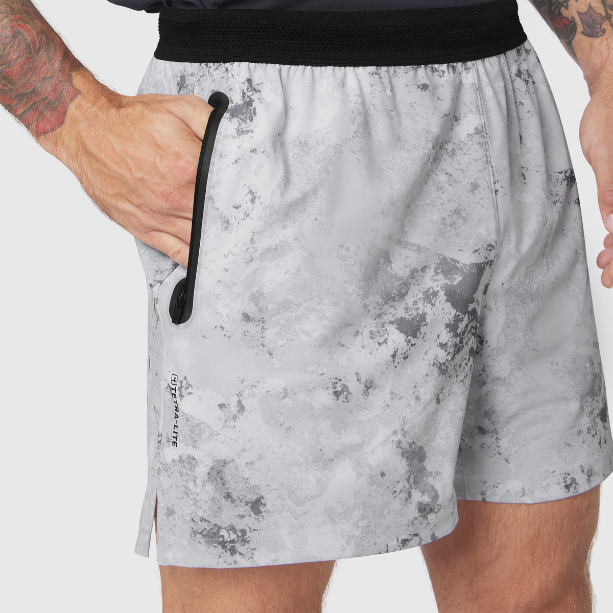 TETRA-LITE 5" Linerless Training Short in Sedona Snow Camo worn by model, front detail view