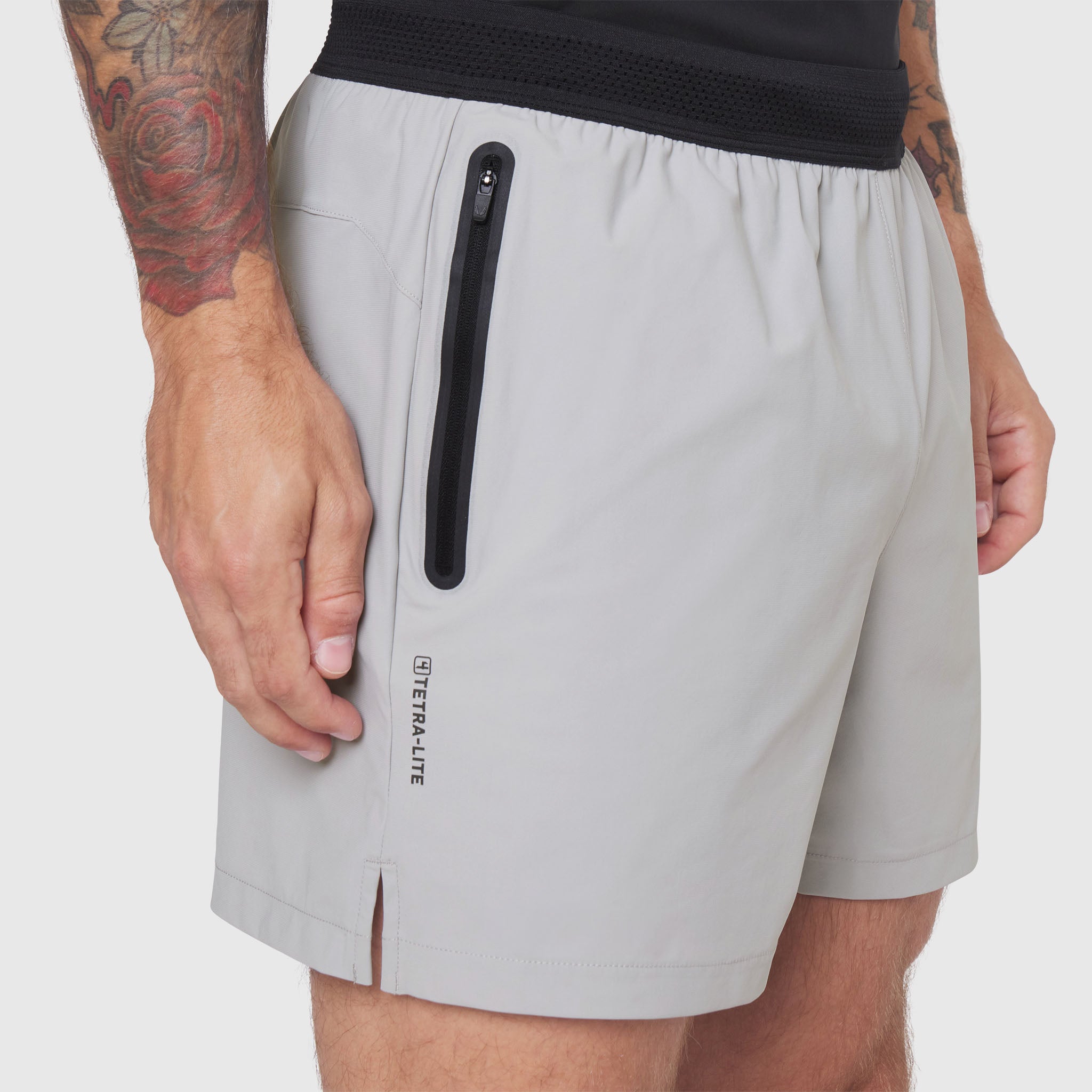 TETRA-LITE® 5" Linerless Training Short in slate grey, worn by model, side view