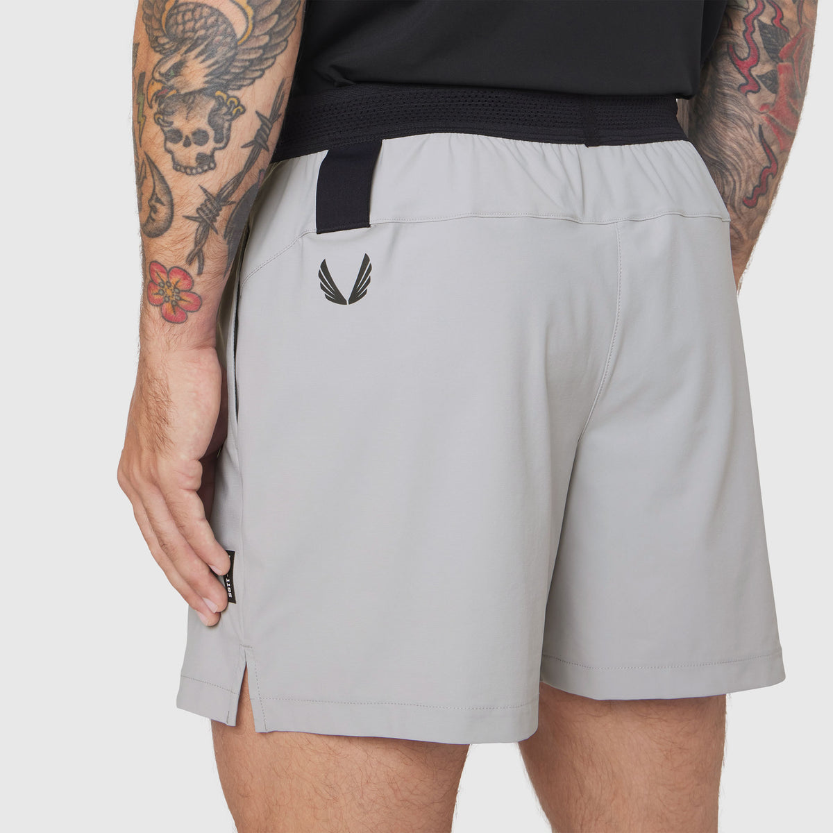 TETRA-LITE training shorts in slate grey worn by model, side view