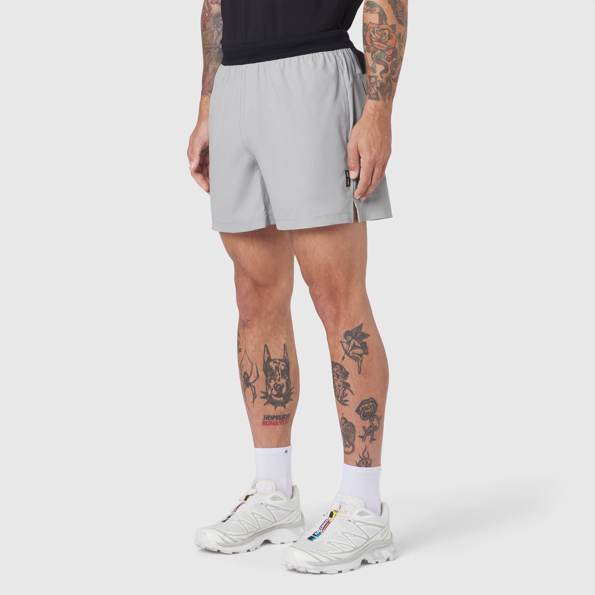 TETRA-LITE® 5" Linerless Training Short in Slate Grey, worn by model, side view